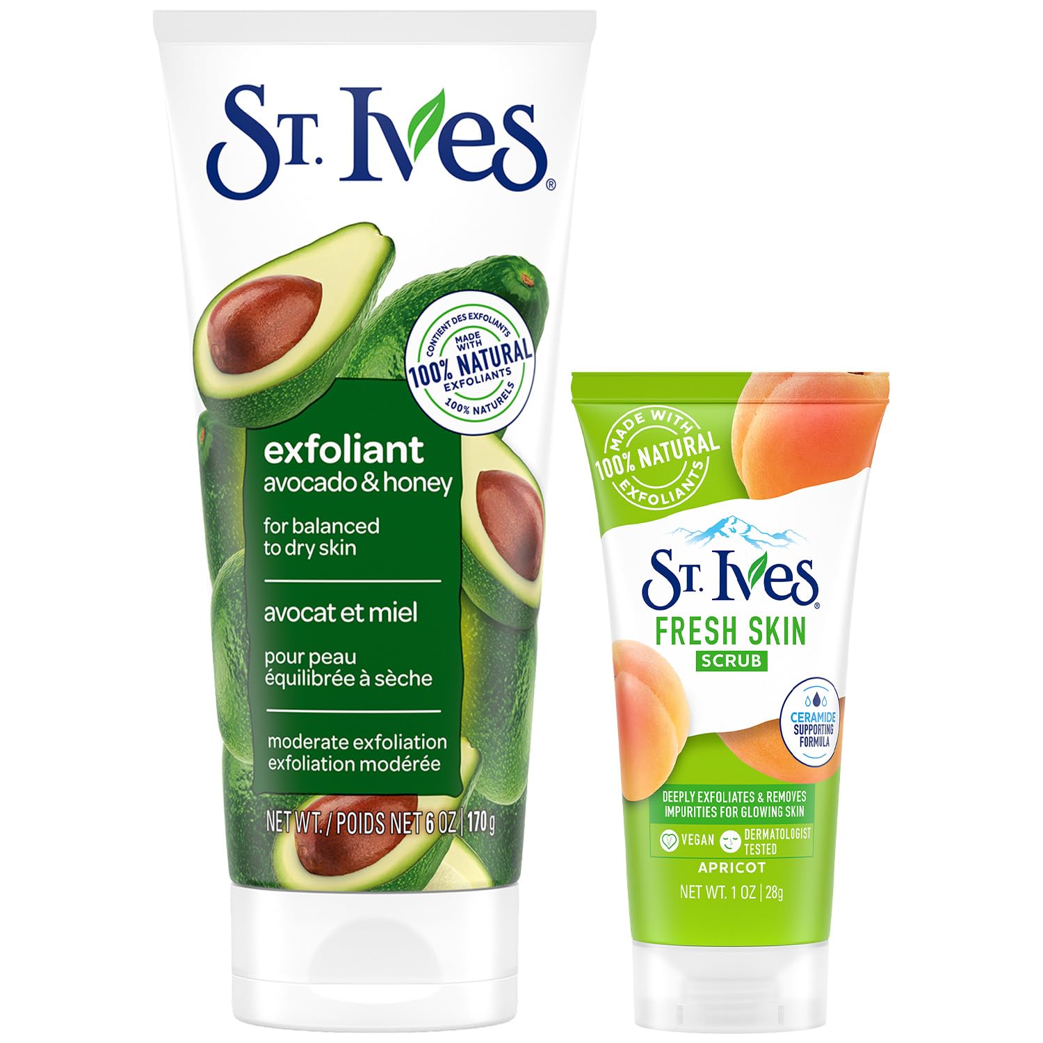 St. Ives Facial Scrub, Exfoliant Avocado & Honey for Balanced to Dry Skin + TravelSize Fresh Skin Apricot Face Scrub for Oily S
