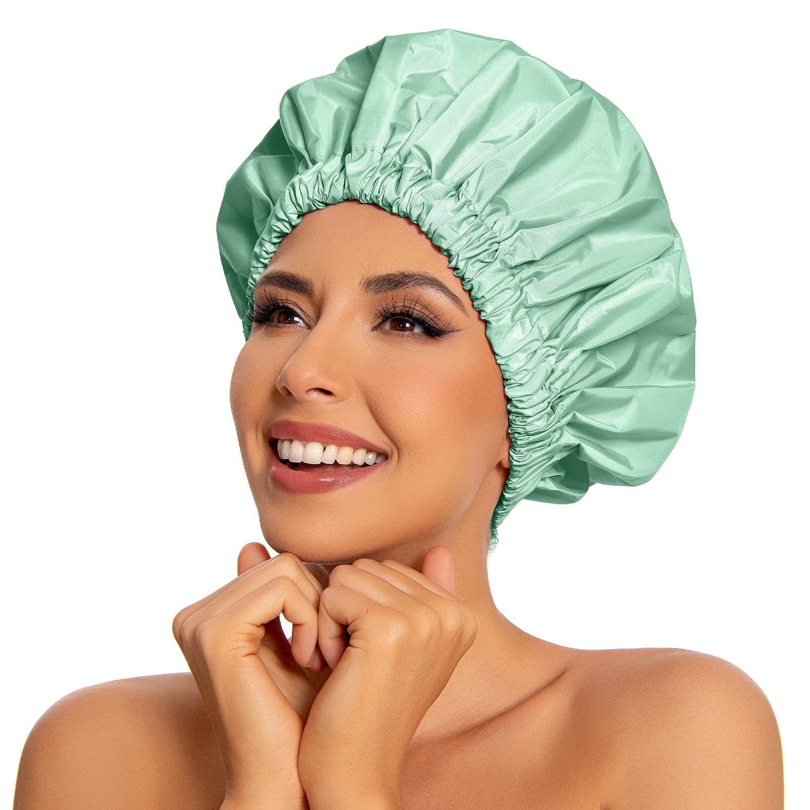 Reusable Shower Cap For Women, Large Waterproof Shower Bonnet Washable Elastic Band Bath Hair Hat For Long Hair, Braids(Green Be