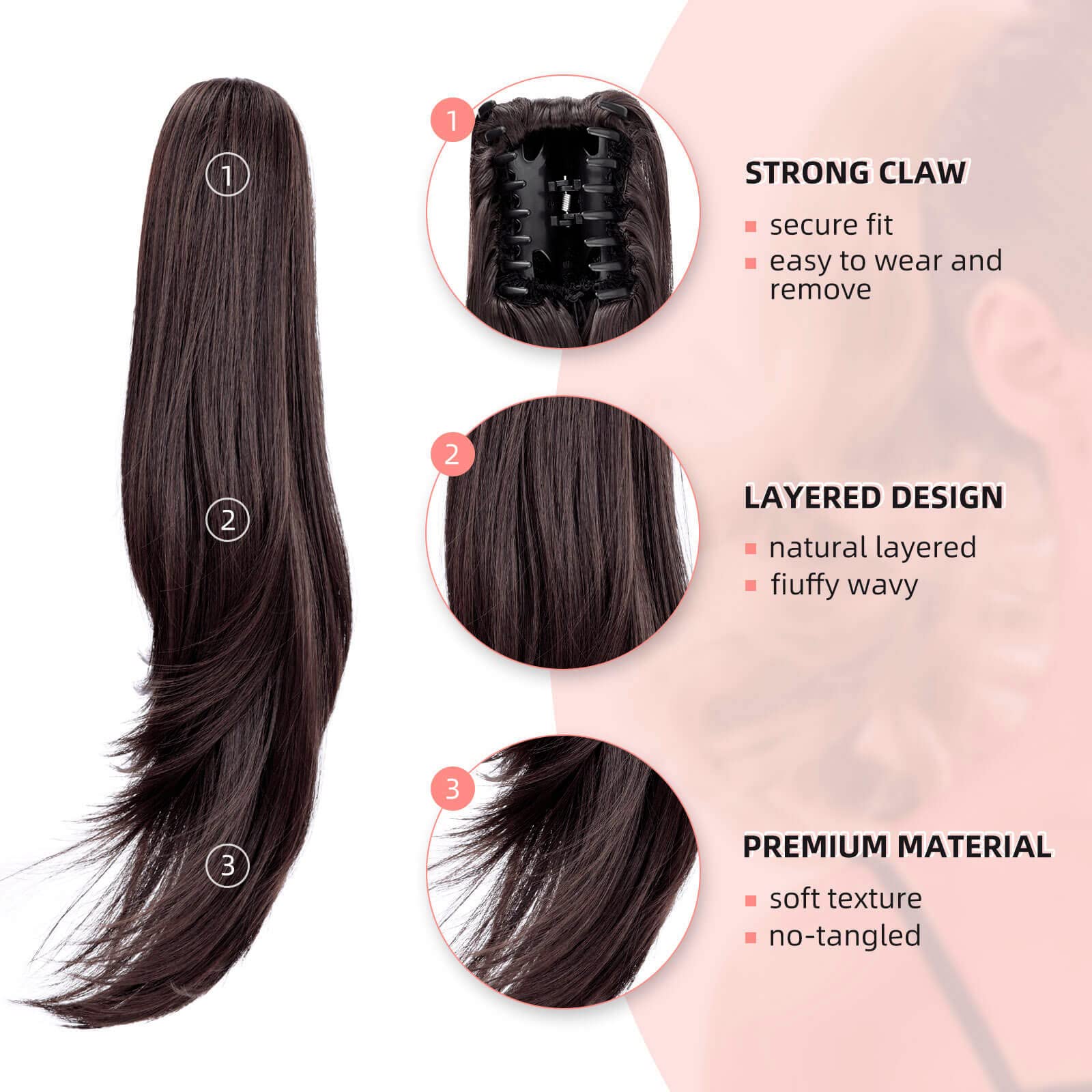 Heweicsy Ponytail Extension,Brown Hair Extension Ponytail 22'' Long Claw Hair Extension Synthetic Wavy Straight Hairpieces Ponyt