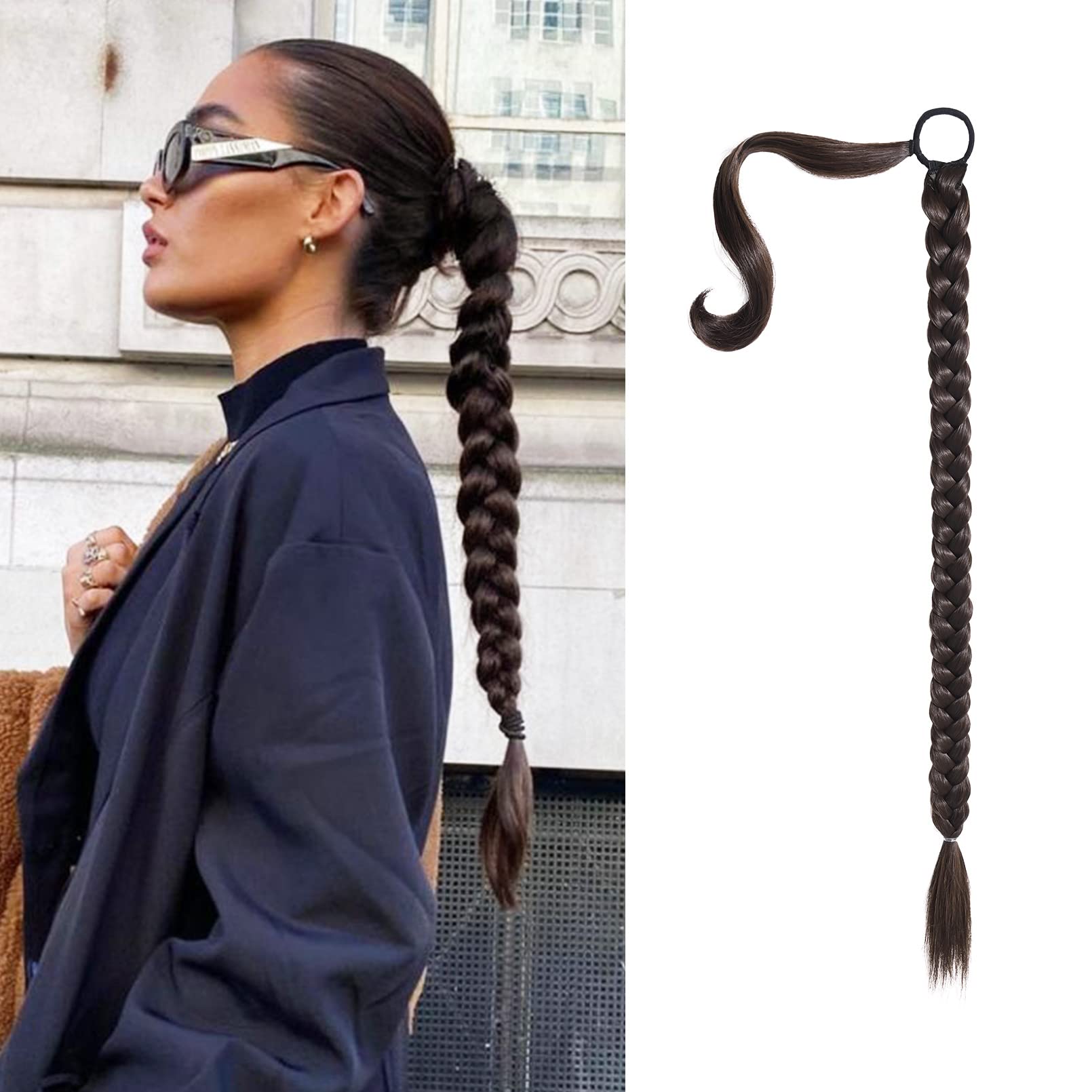SEIKEA Upgraded Long Braid Ponytail Extension with Elastic Tie Straight Sleek Wrap Around Braid Hair Extensions Ponytail Black B