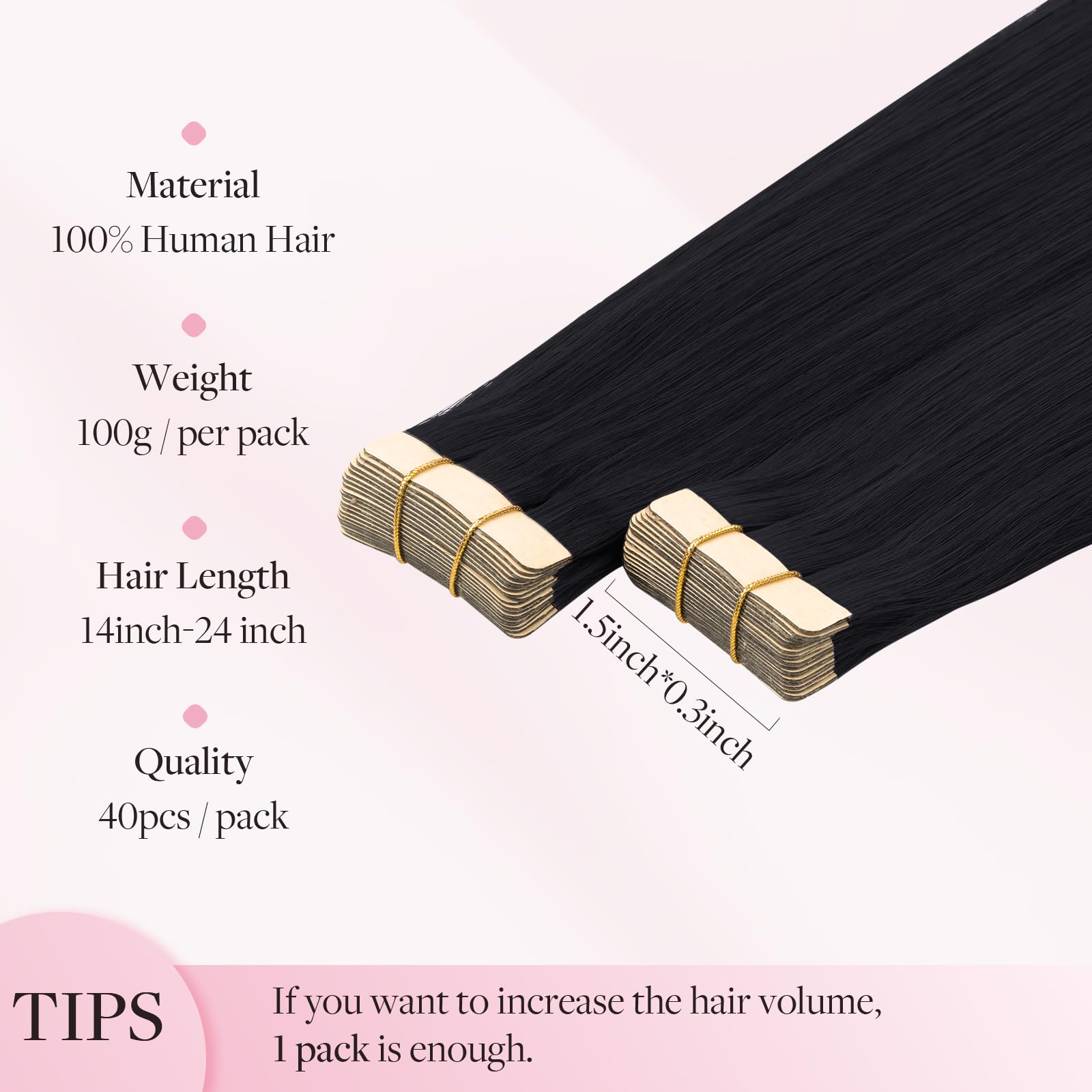 Maxita Tape In Hair Extensions Jet Black 100% Remy Human Hair 16 Inch 40Pcs 100G/Pack Straight Seamless Real Hair Extensions Tap