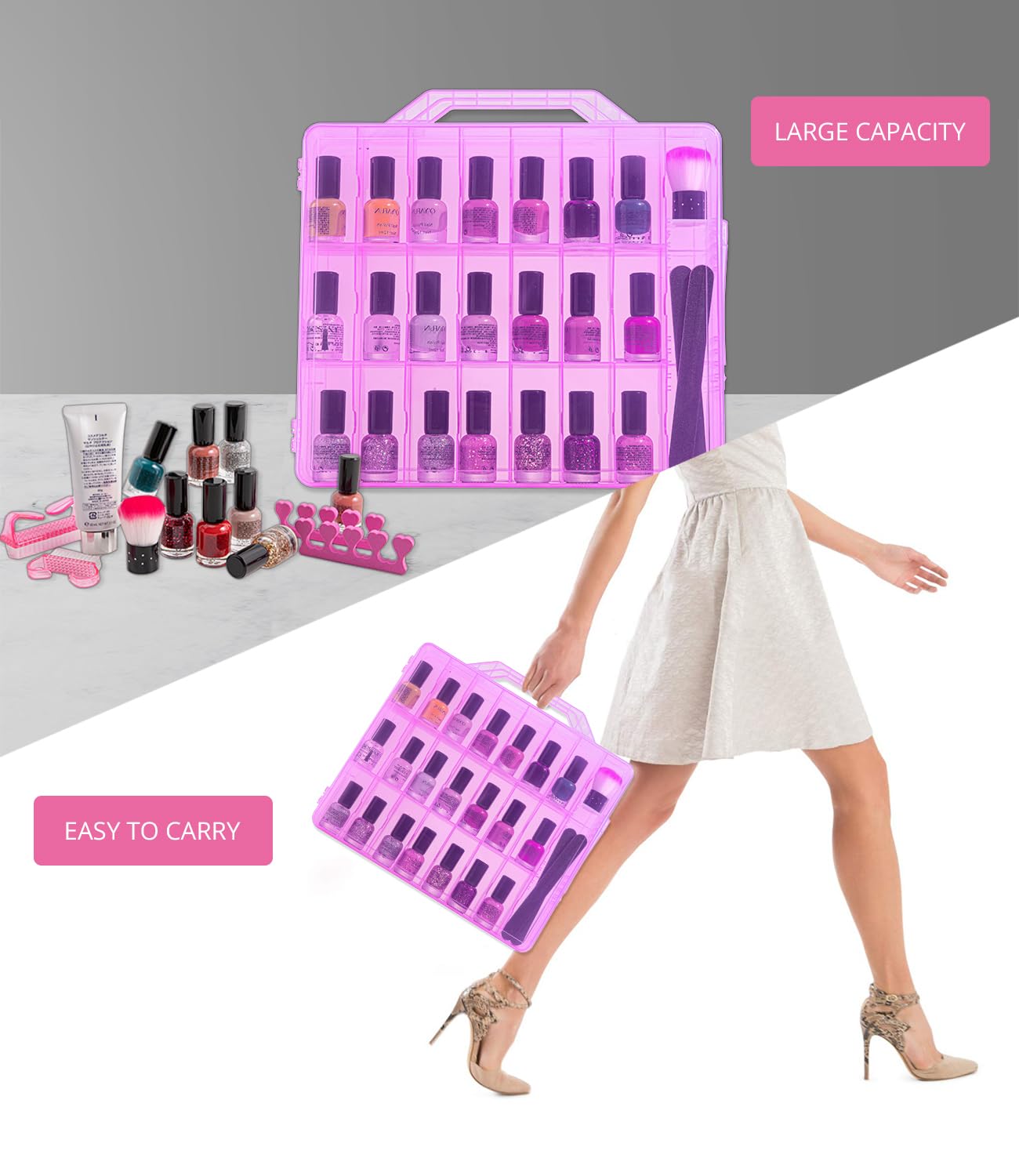 Dreamgenius Nail Polish Organizer Case For 48 Bottles, Double Side Gel Nail Polish Holder With Adjustable Dividers, Portable Nai