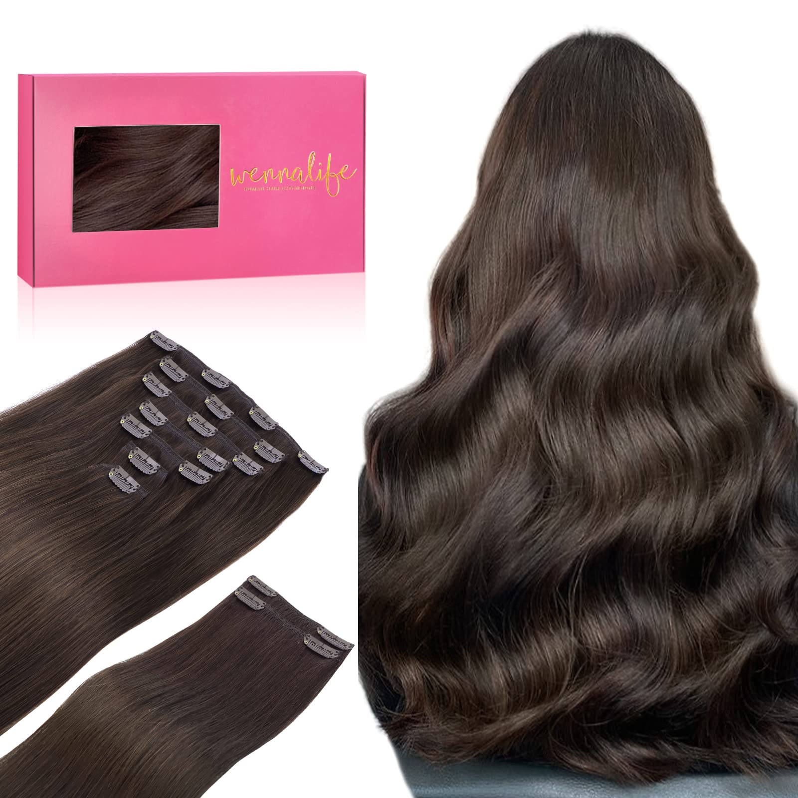 Wennalife Clip In Hair Extensions, 18 Inch 150G 9Pcs Clip In Hair Extensions Real Human Hair, Light Dark Brown Human Hair Clip I