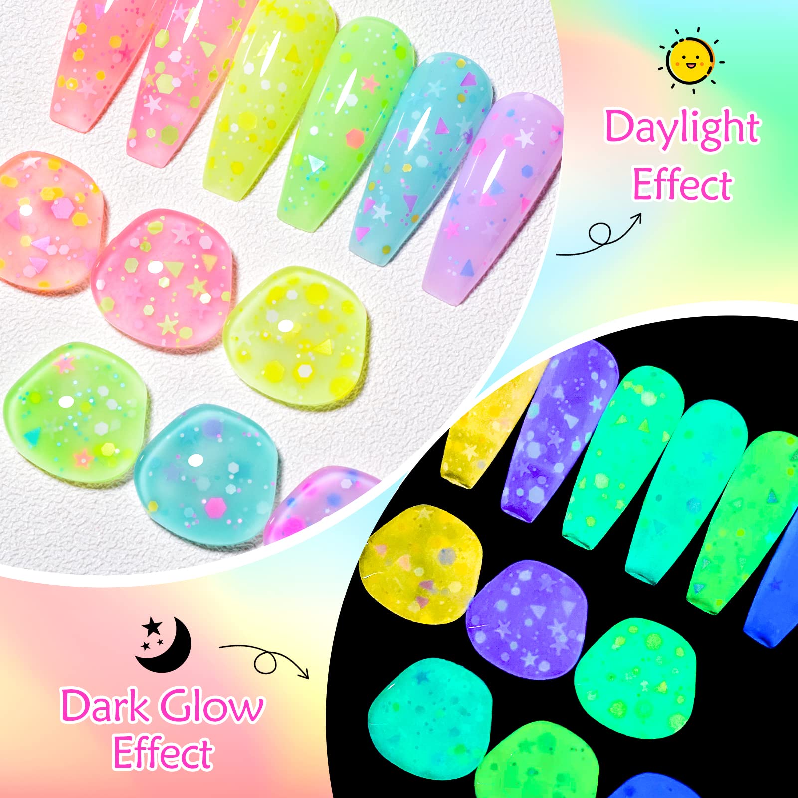 Meet Across 6 Colors Candy Luminous Gel Nail Polish Set, Glow In Dark Nail Gel Polish With Nail Brush, Cute Luminous Gel Nail Po