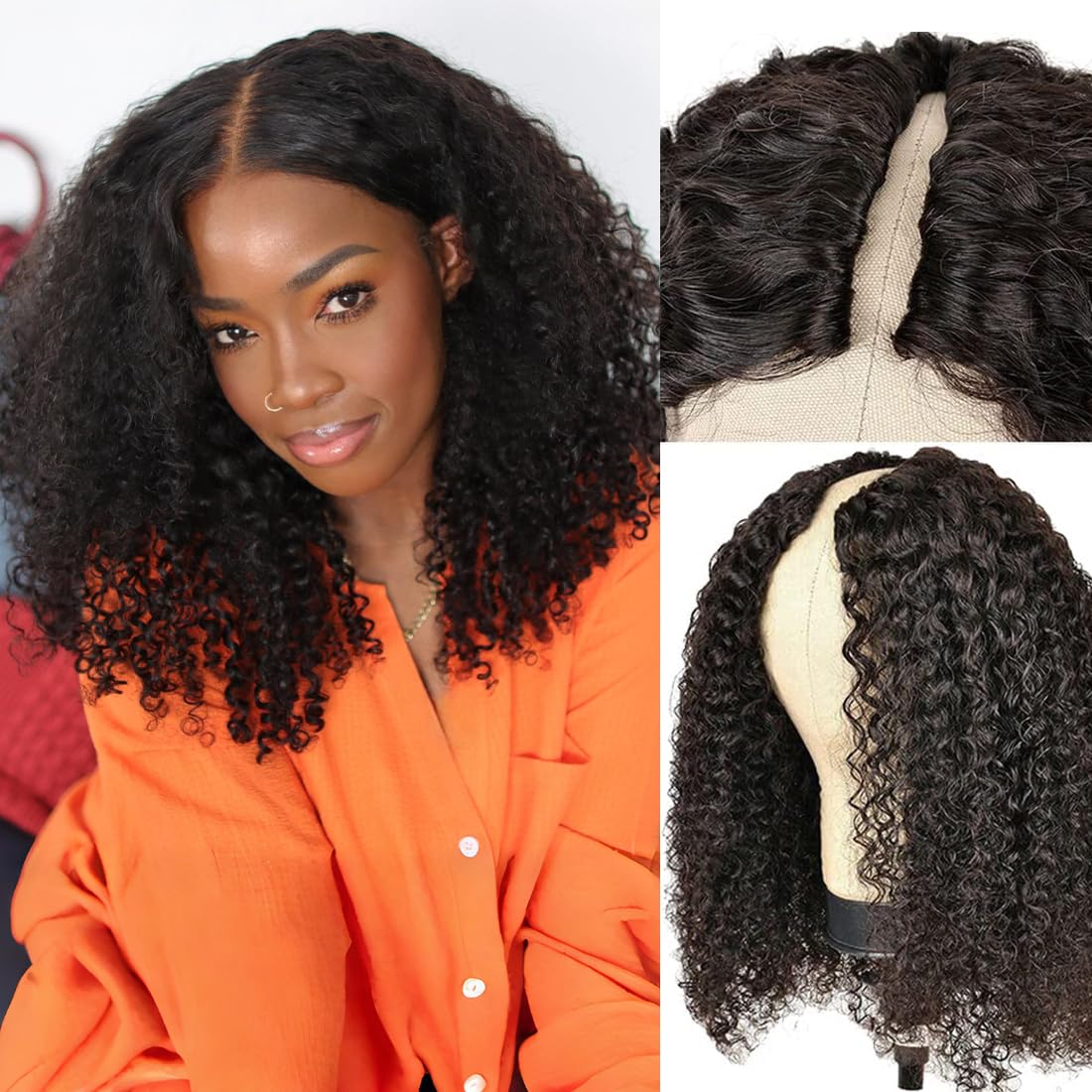 4GIRL4EVER V Part Wig Human Hair Kinky Curly Upgrade U Part Human Hair Wig for Black Women Minimal Leave Out VPart Wig No Glue H