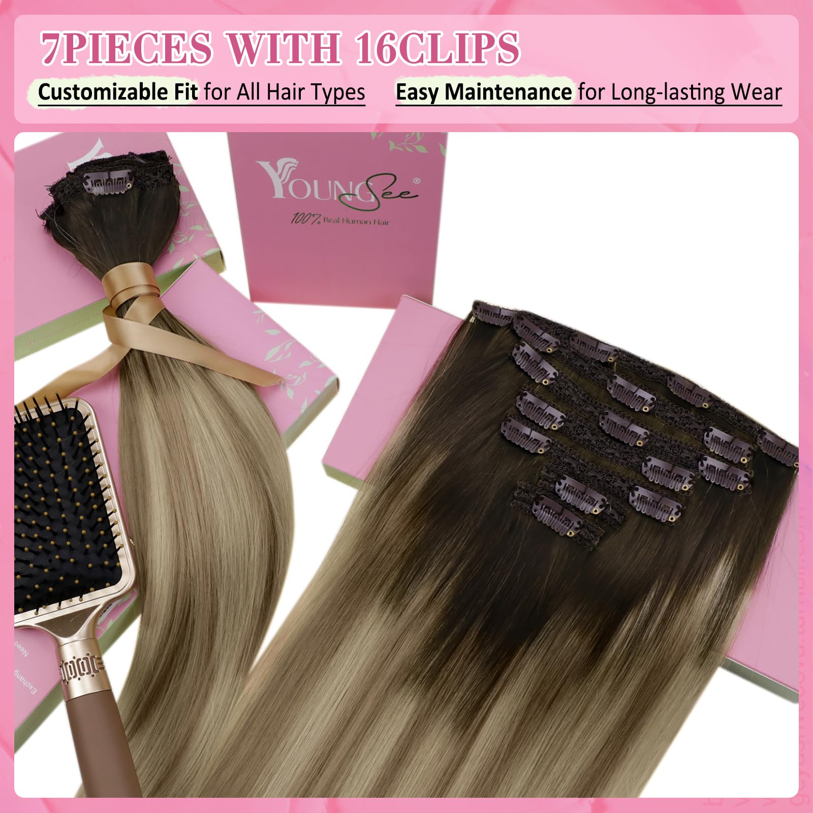YoungSee 135G Clip on Hair Extensions Human Hair Ombre Clip in Human Hair Extensions Dark Brown Ombre Light Brown with Blonde Ex