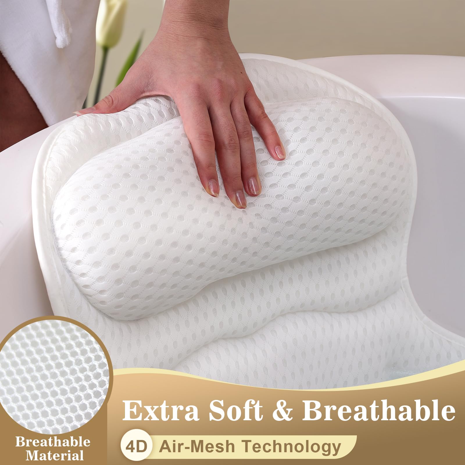 Bath Pillow Luxury Bathtub Pillow, Extra Soft & Comfortable Bath Pillows For Tub Head Neck And Back Support, With 4D Air Mesh Cu