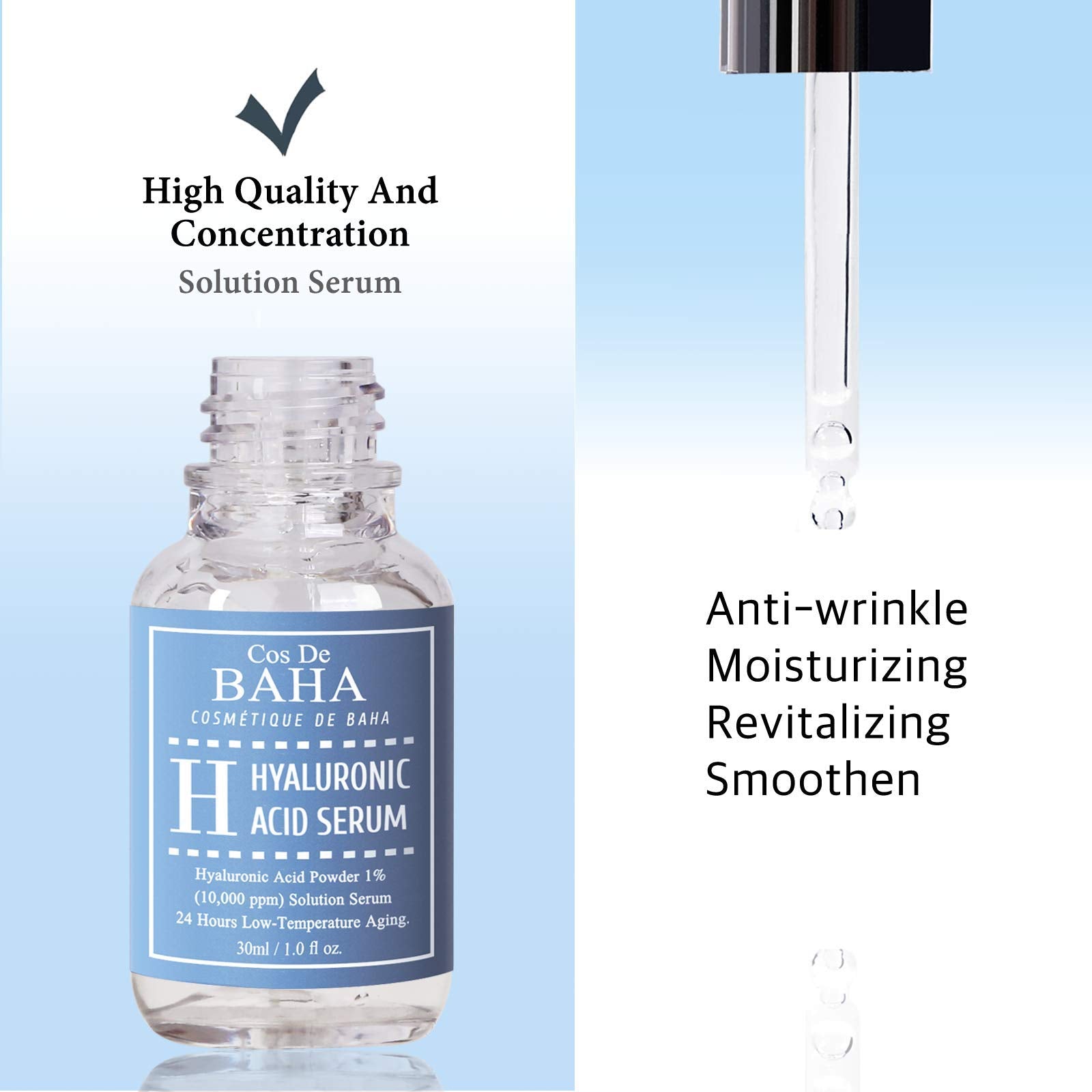 Cos De Baha Pure Hyaluronic Acid Serum - Anti Aging Moisturizer, Natural Collagen Plumping Booster, Anti Wrinkle Formula, Drop O