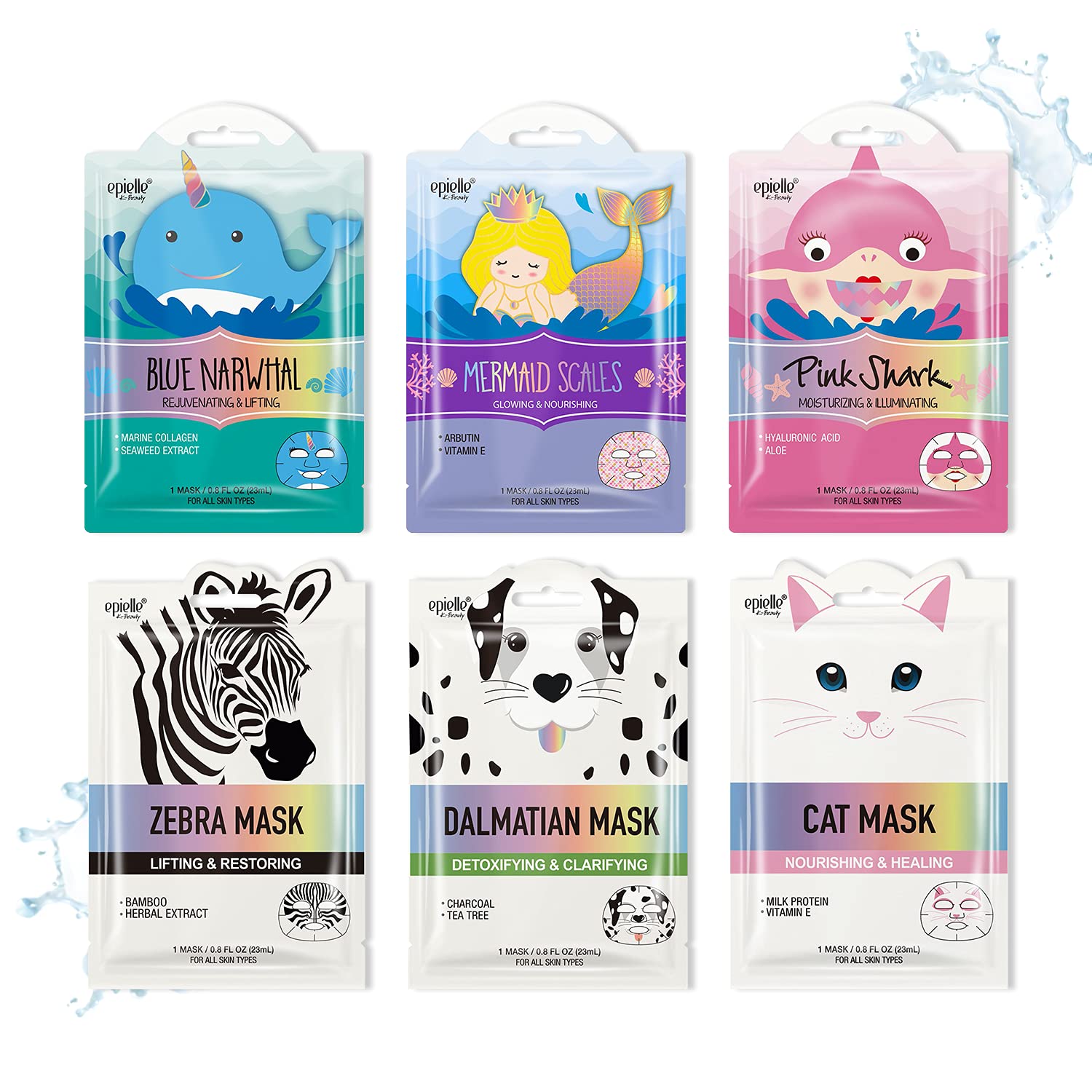 Epielle Animal Character Sheet Masks | Korean Beauty Masks For All Skin Types | Assorted 6 Pack | Birthday Party Gift, Girls' Ni