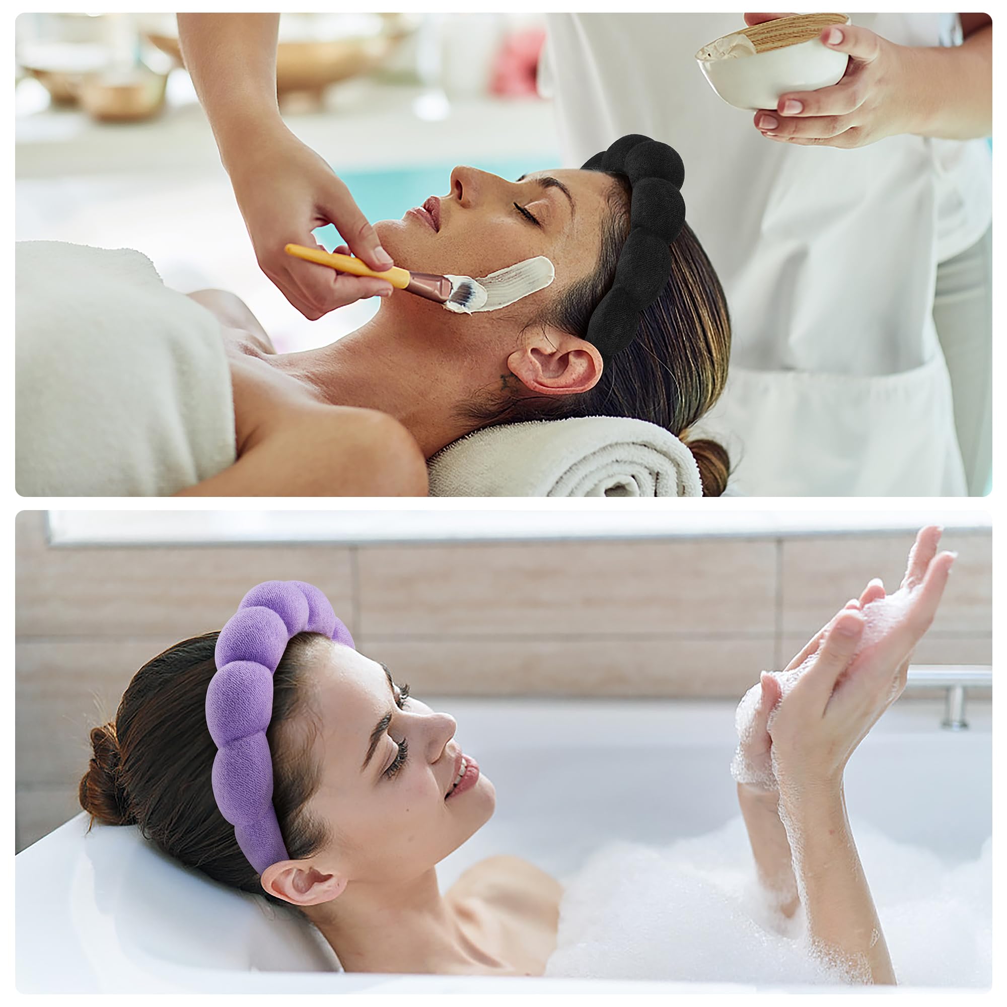 Ztomine Terry Cloth Spa Headbands For Washing Face Or Facial, Set Of 2, Black & Purple - Puffy Makeup Headbands For Face Washing