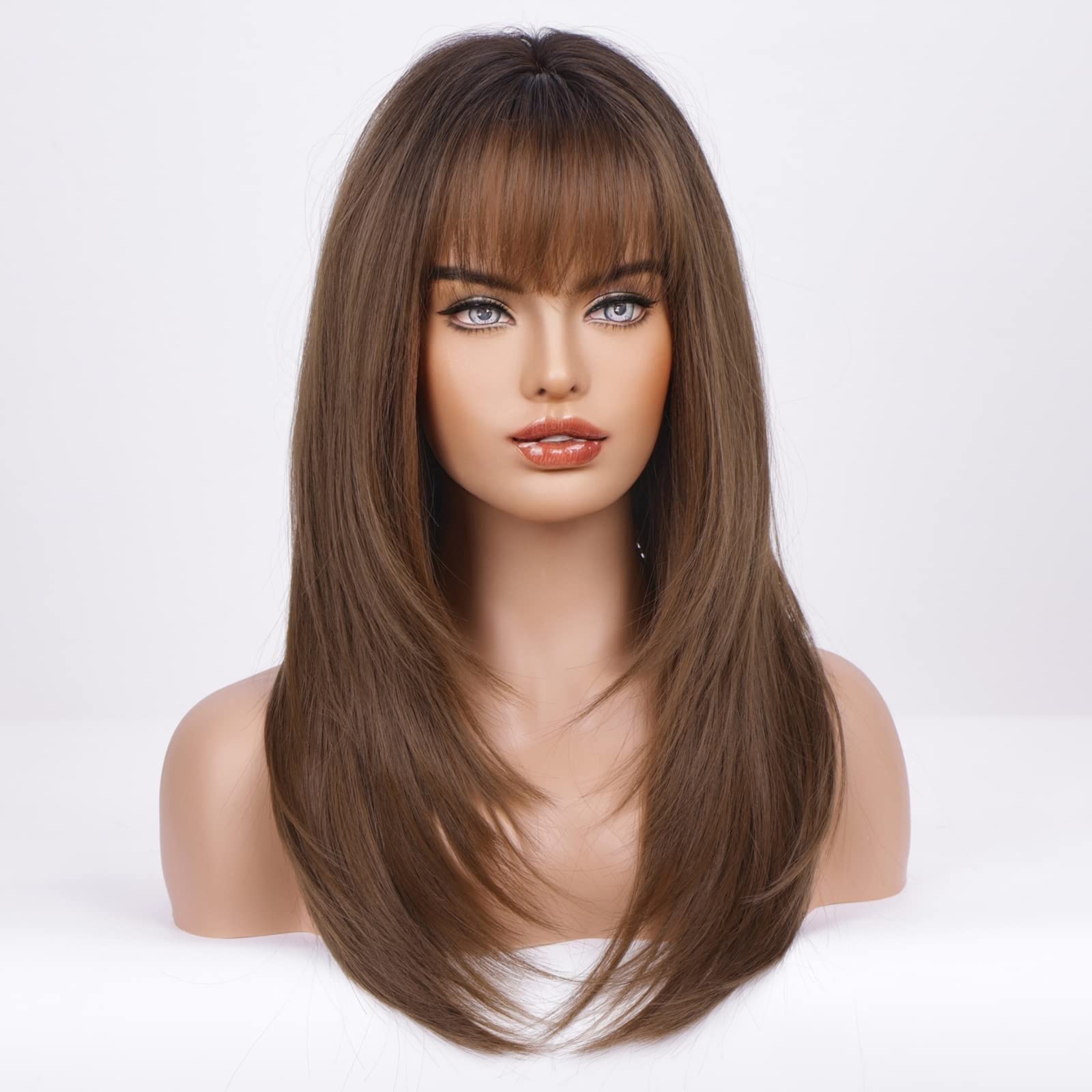 Haircube Dark Brown Synthetic Women'S Wig Layered Wigs With Bangs Middle Length Straight And Heat Resistant