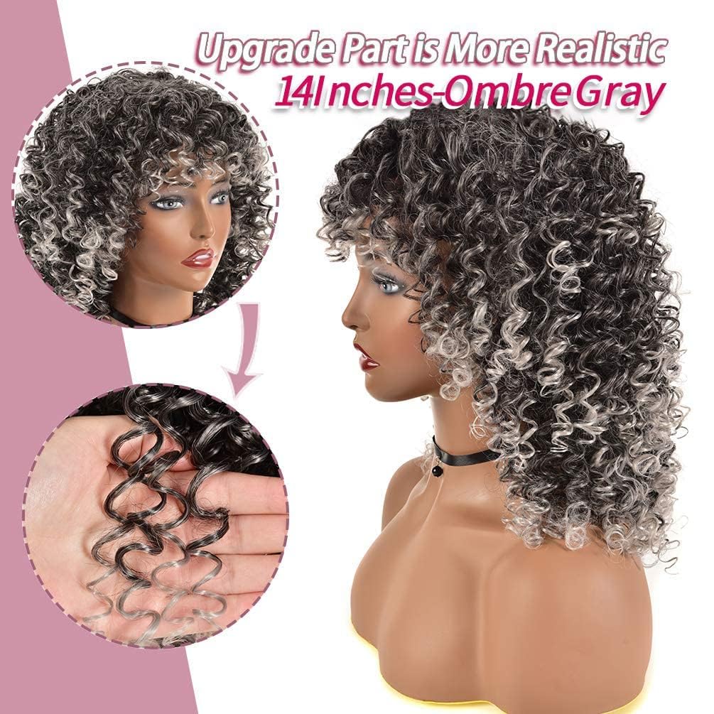 Rosmile Curly Wigs For Black Women - Ombre Gray Synthetic African American Full Kinky Curly Afro Hair Wig With Bangs