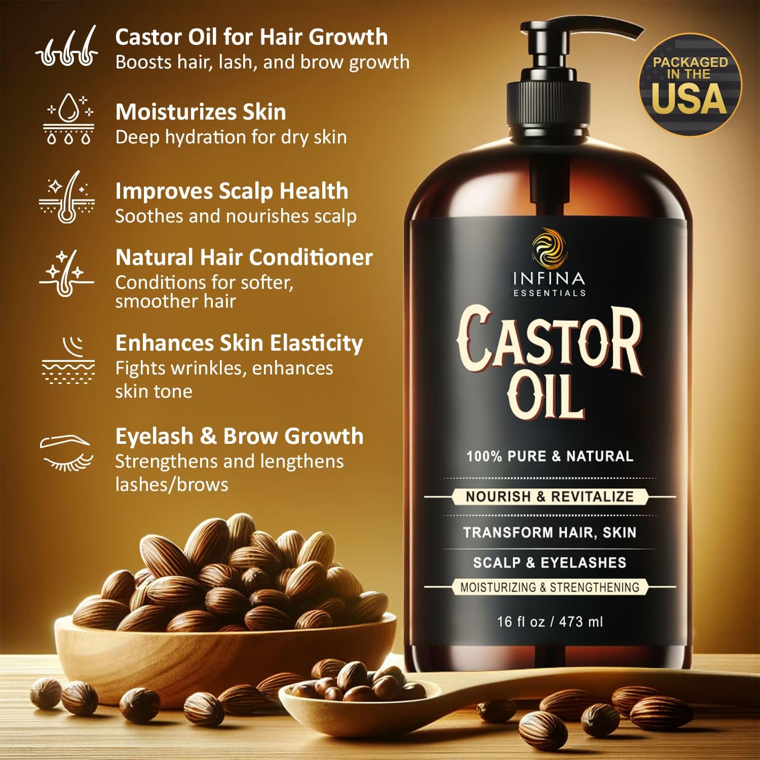 Infina Essentials Pure Cold Pressed Castor Oil - Hexane Free, Glass Bottle For Hair Growth, Face, Scalp, Skin & Eyelashes - Nour