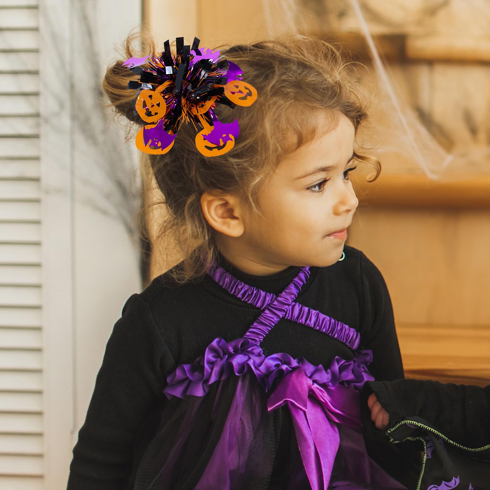 Halloween Hair Bows for Women Girls 2 Pack 4 Glitter Pom Pom Pumpkin Bat Alligator Clips, Sparkly Black Purple Orange Halloween