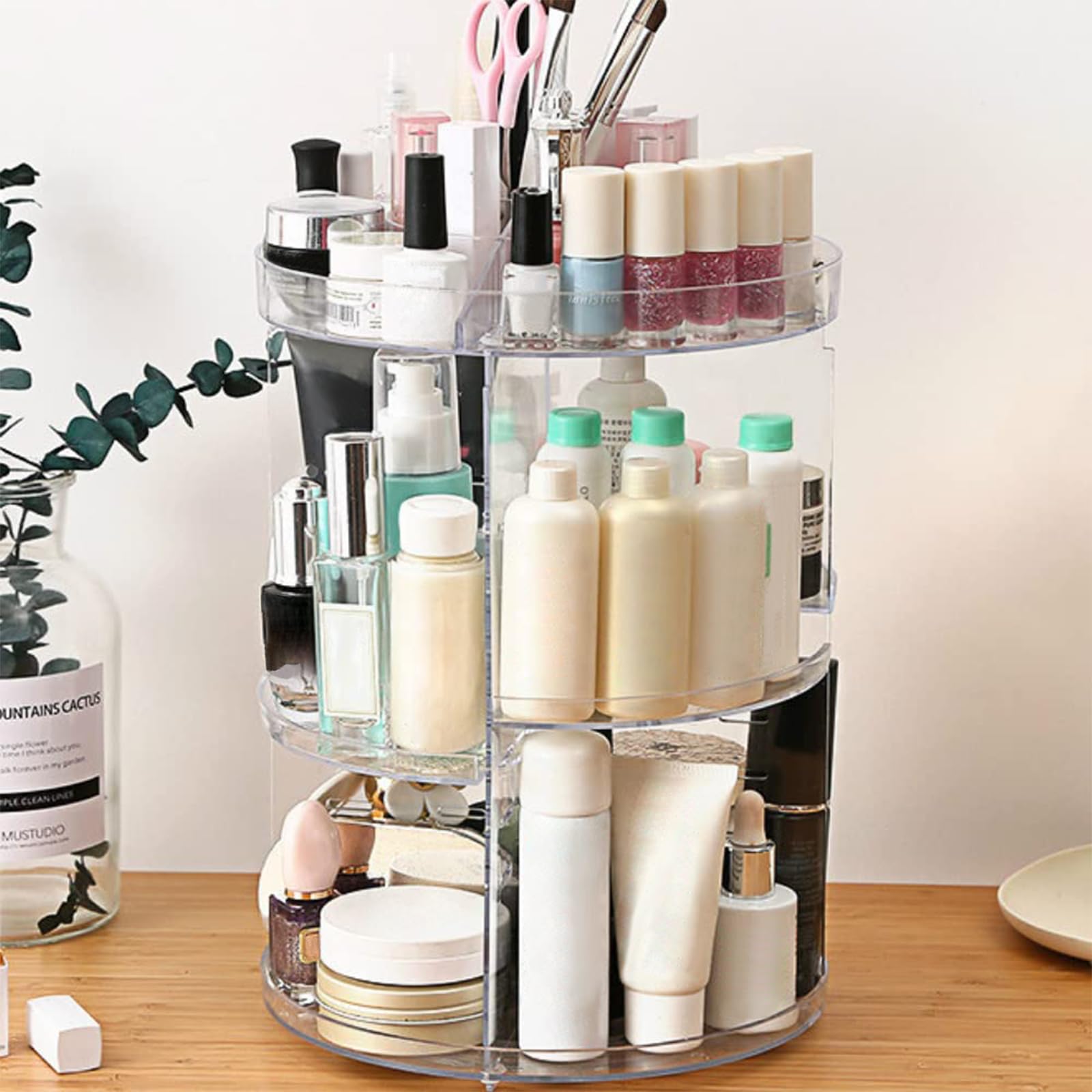 Sunficon Rotating Makeup Organizer 360 Rotation Cosmetic Storage Holder Crystal Clear Acrylic Makeup Turntable Spin Display Stan
