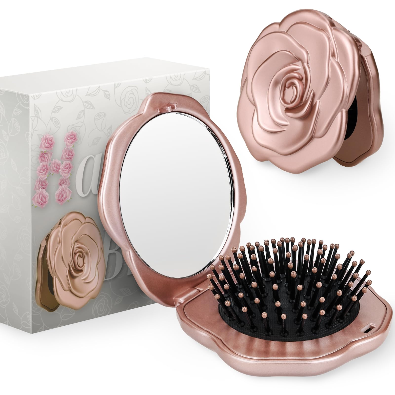 Travel Folding Hair Brush, Roses Mini Pocket Mirror Brush Easy to Carry for Small Spaces Nylon Brush/Comb/HairBrush for Women Me