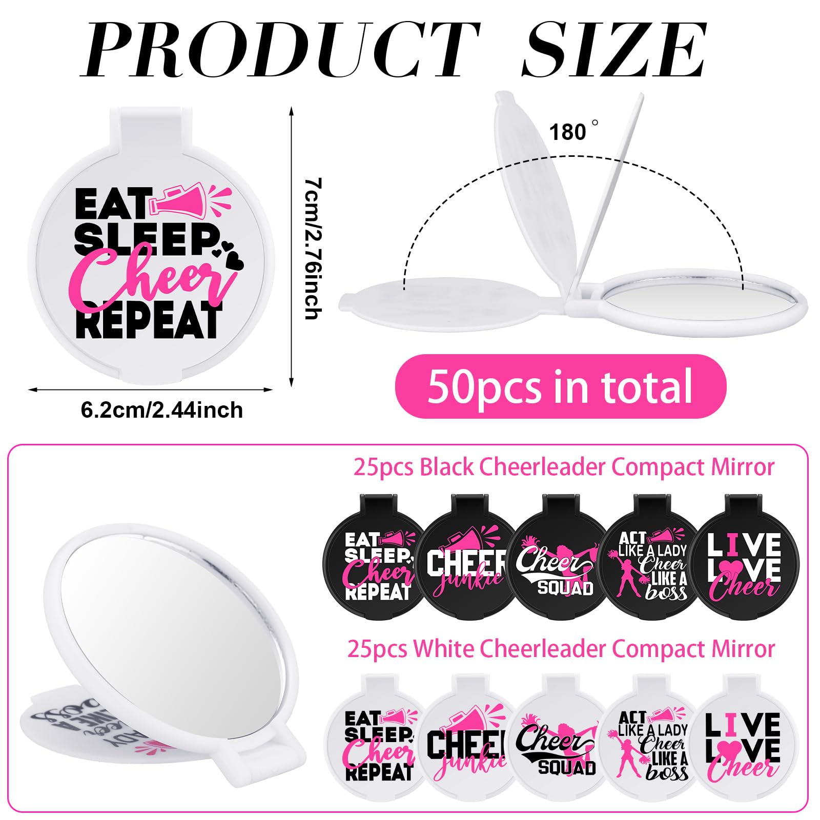 Wenqik 50 Pcs Cheerleader Mirror Gifts Bulk Cheerleading Compact Mirror Cheer Party Favors Folding Pocket Portable Makeup Mirror