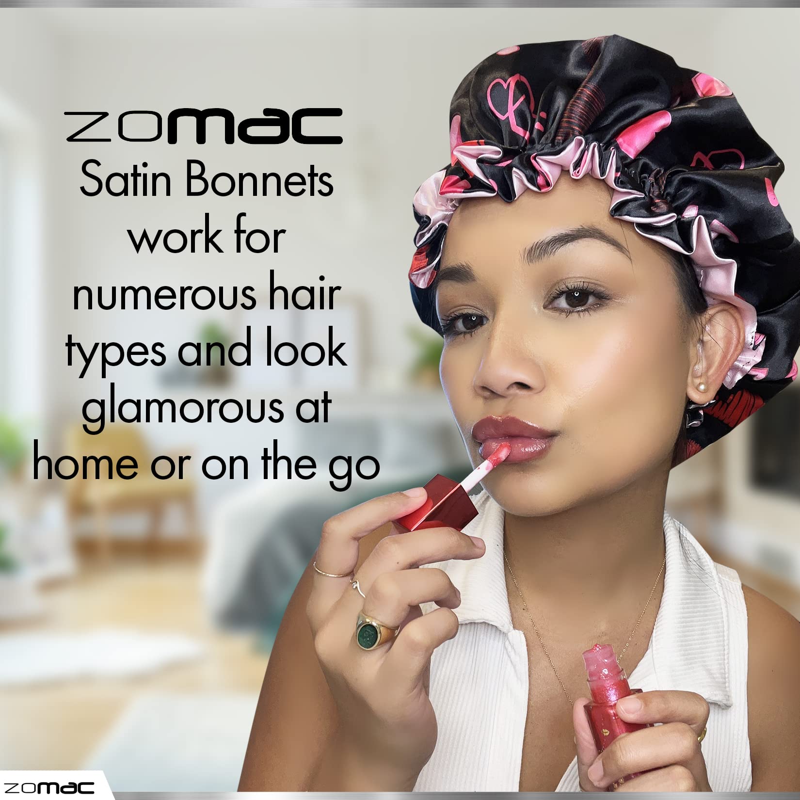 Zomac Satin Bonnet For Sleeping, Bonnet For Curly Hair, Sleeping Bonnets For Women (Hearts)