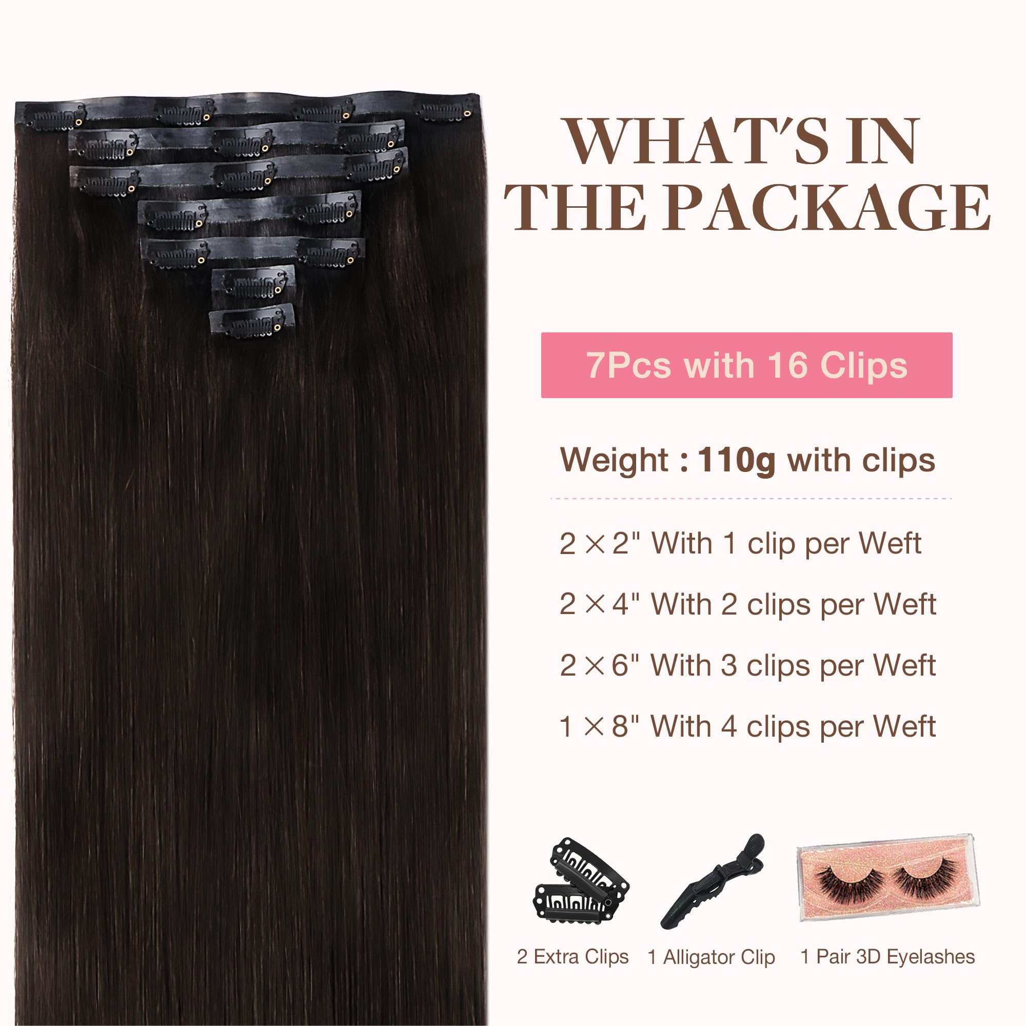 GOO GOO Clip in Hair Extensions Real Human Hair, 14inch 110g 7Pcs, 2 Dark Brown, Remy Human Hair Extensions Clip ins for Women,