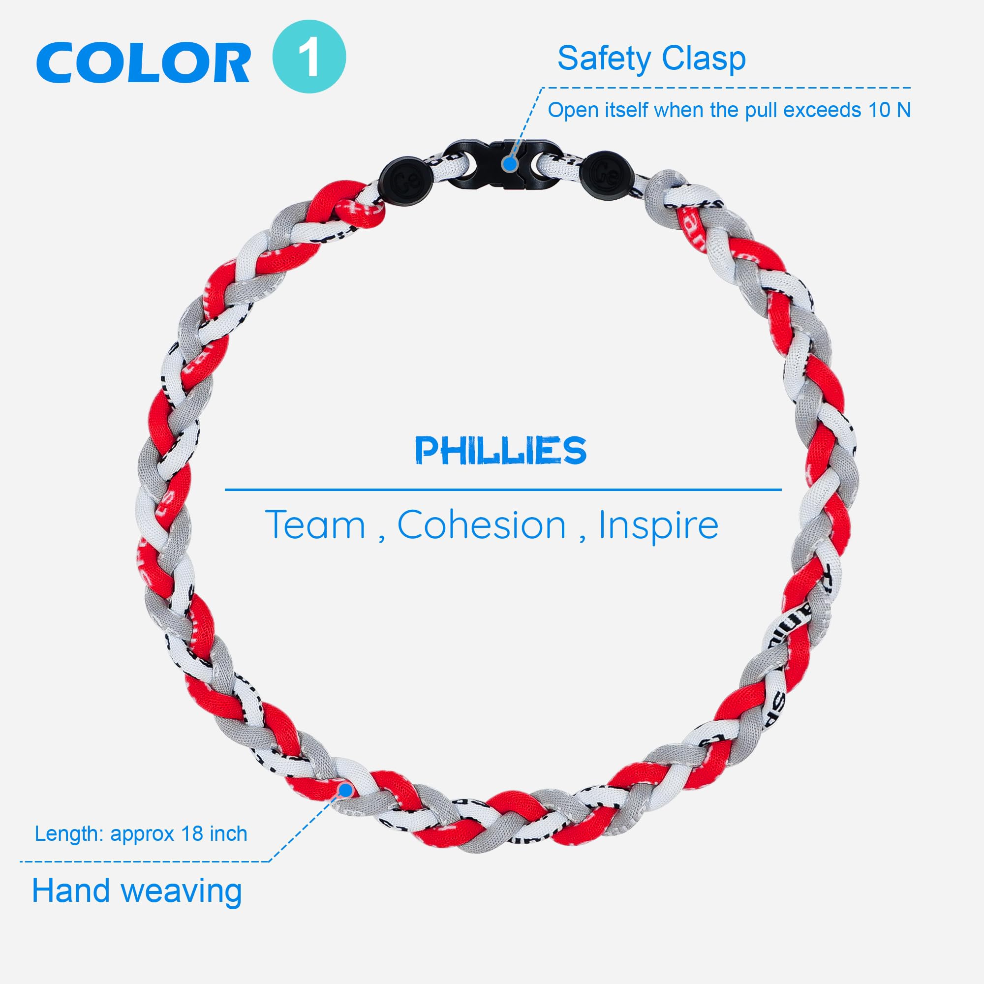 SUPBOMM 3 pcs Baseball Rope Necklaces, League Team Colors Braided Necklace, Baseball Team Gifts, PHIPhillies