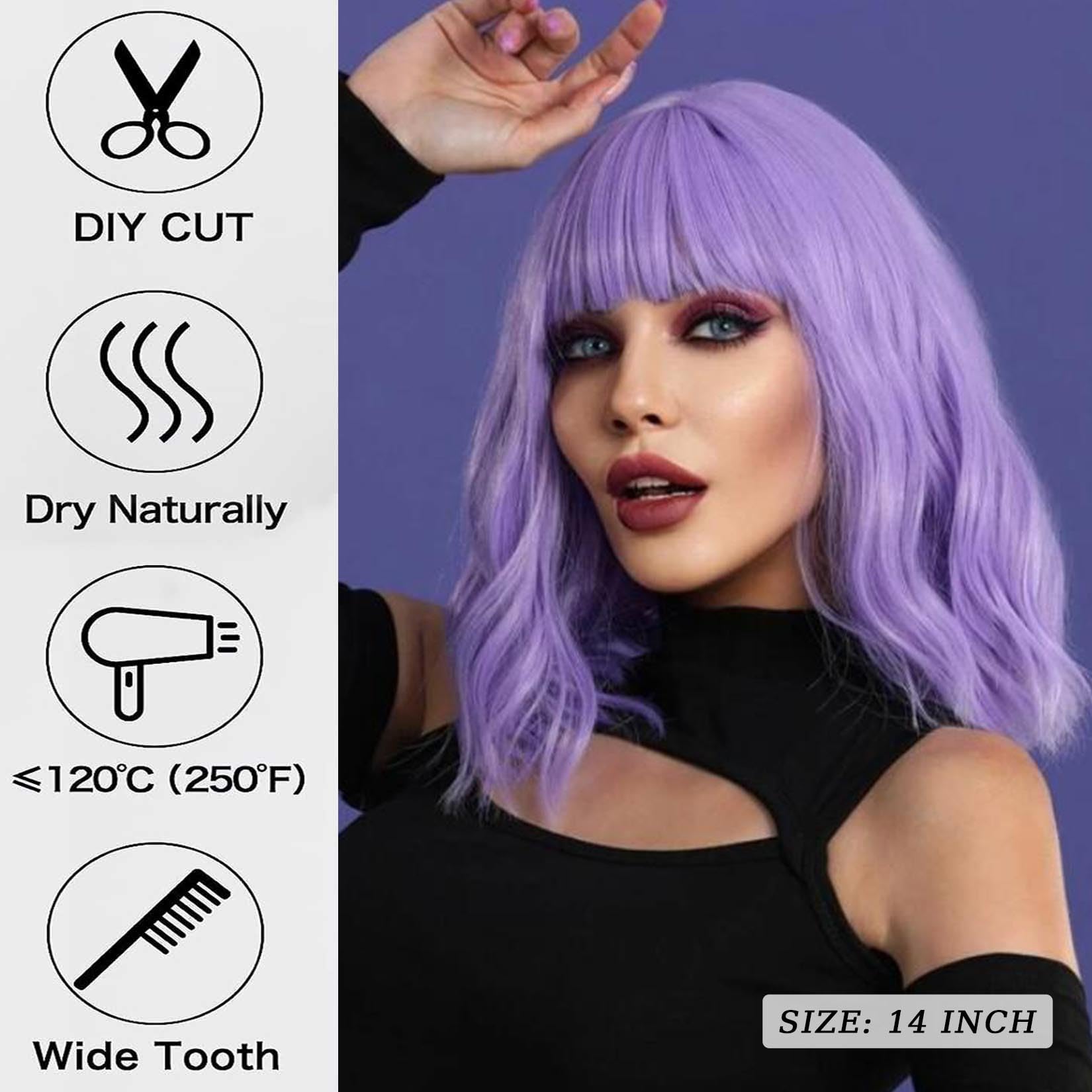Andromeda Purple Wig With Bangs Soft Short Bob Wavy Wigs For Women Synthetic Shoulder Length Women'S Curly Wigs For Halloween Co