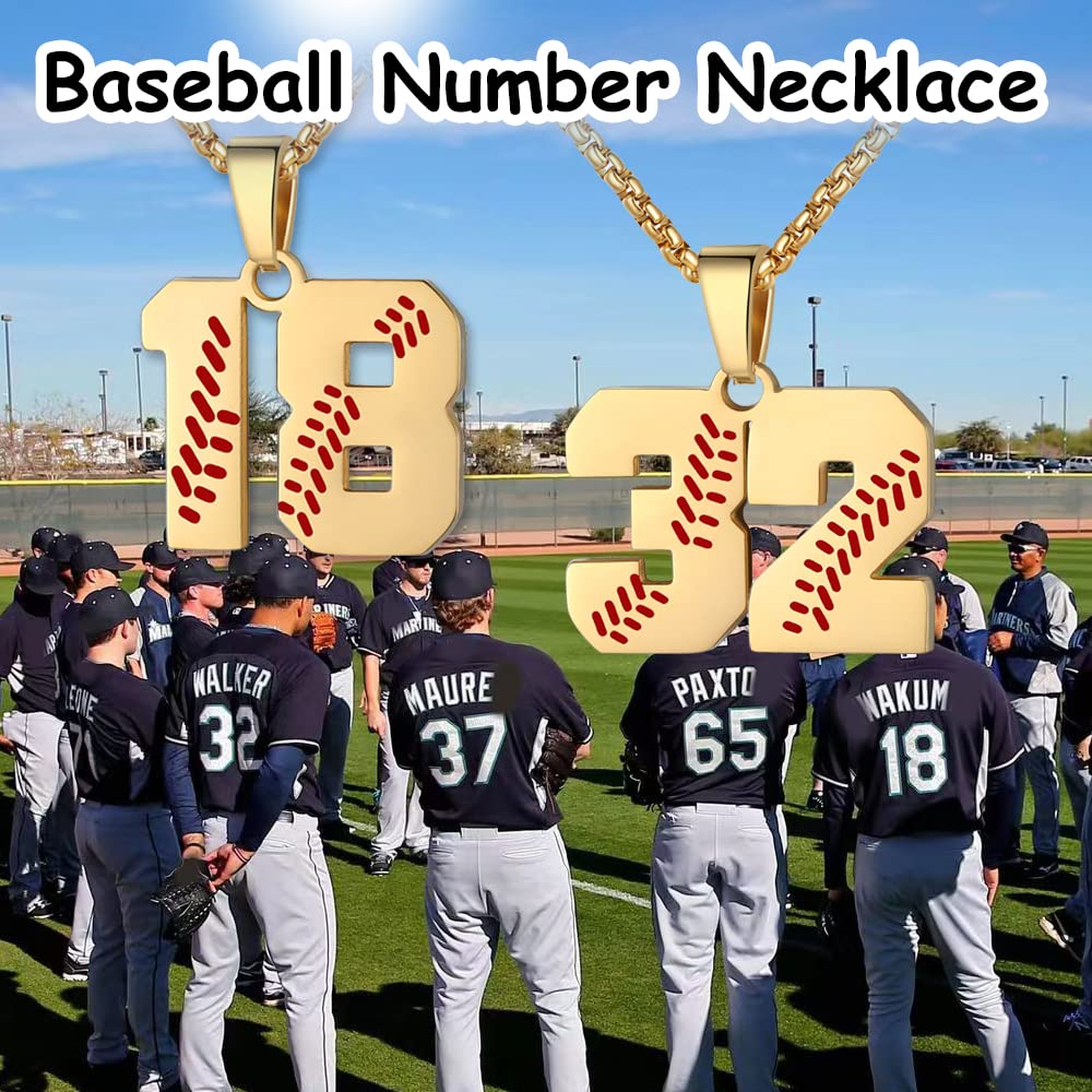 AIAINAGI Baseball Number Necklace for Men 00-99 Athletes Jersey Number Necklace Stainless Steel Gold Plated Chain Baseball Charm