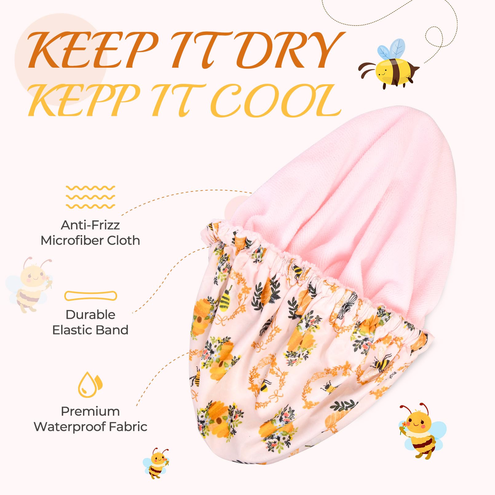 Shower Cap For Women Terry Lined Bee Bath Cap Large Reusable Waterproof Elastic Band Beekeeper Shower Caps For Long Thick Hair S