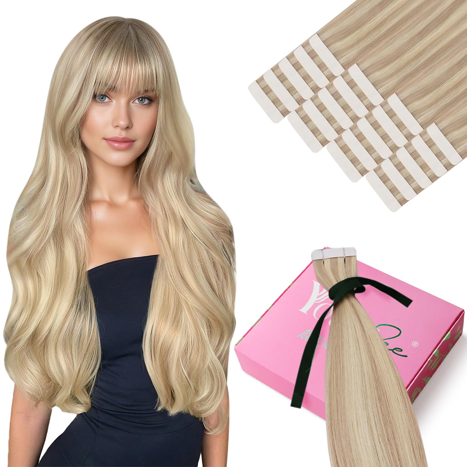 YoungSee Human Hair Tape in Extensions Blonde Highlight Tape Hair Extensions Light Blonde Highlights Strawberry Blonde Human Tap