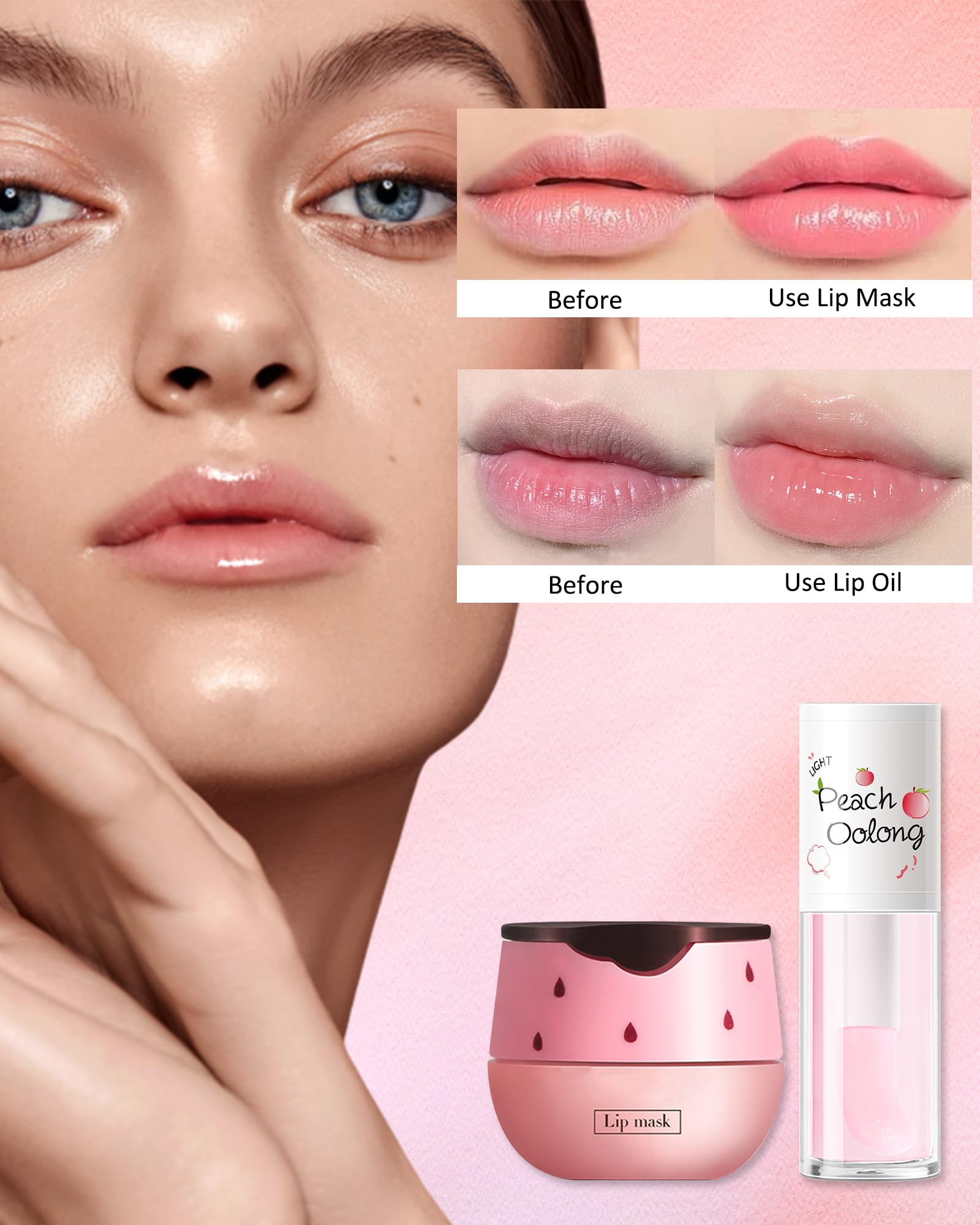 2PCS Strawberry Lip Balm Honey Pot Lip Mask & Hydrating Lip Glowy Oil Lip Care Set, Lip Moisturizing Treatment Nourishing Lip Gl
