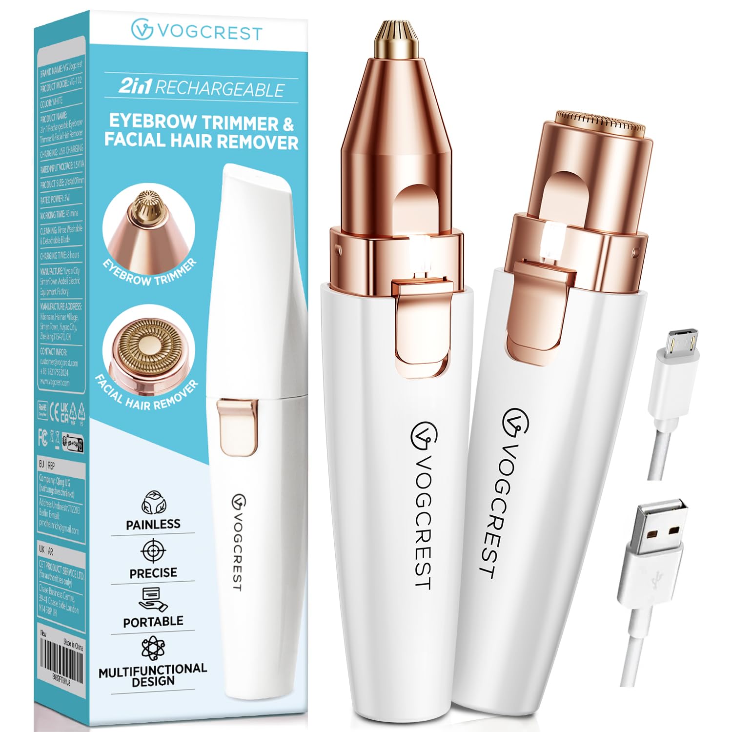 Rechargeable Eyebrow Trimmer & Facial Hair Remover for Women, 2 in 1 Eyebrow Razor and Painless Lips Body Facial Hair Removal wi
