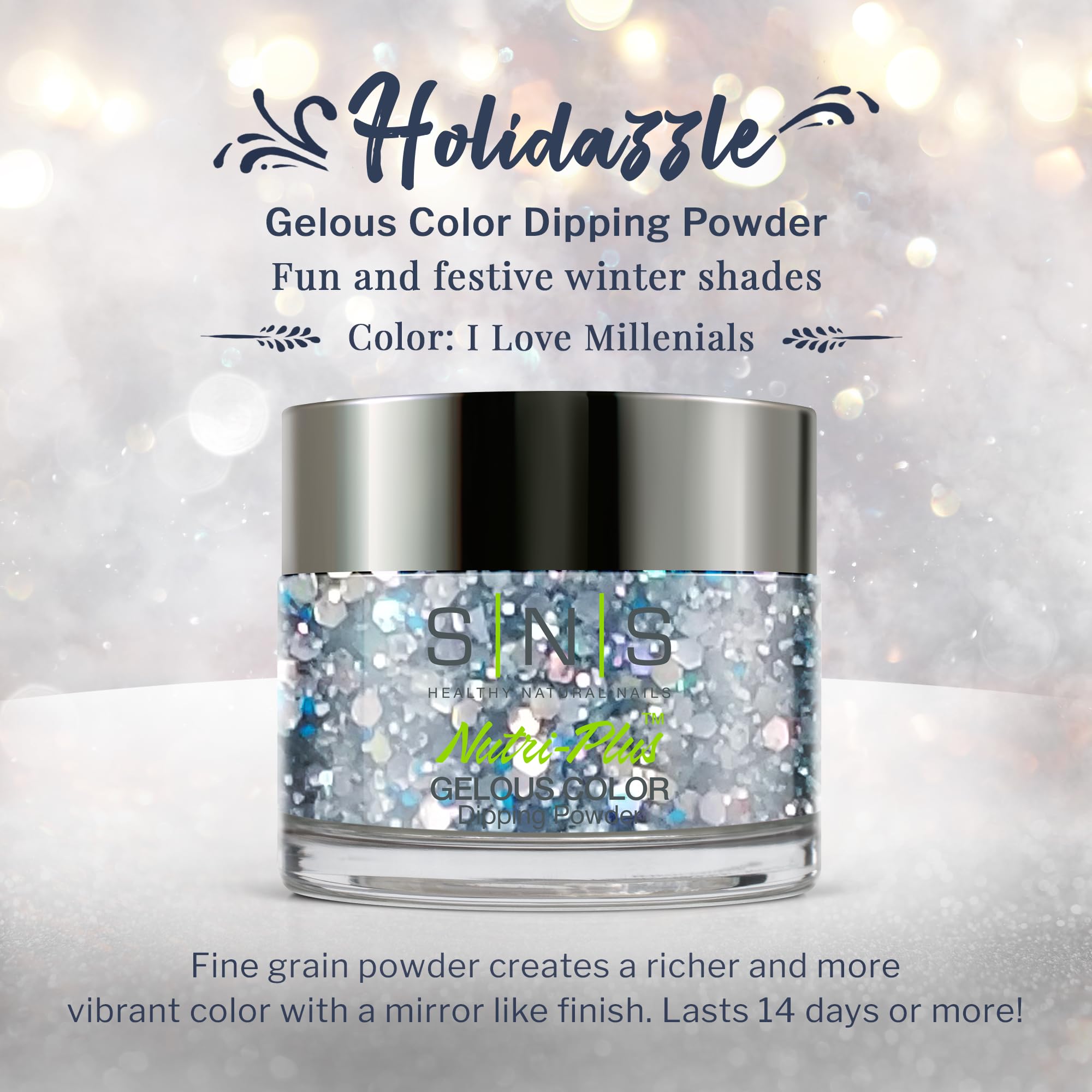 Sns Nail Dip Powder, Gelous Color Dipping Powder - I Love Millenials (Blue/Teal, Glitter) - Long-Lasting Dip Nail Color Lasts 14