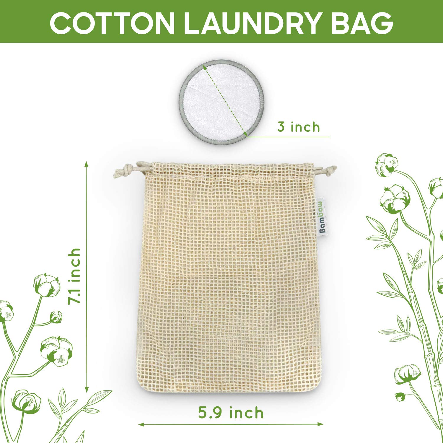 Bambaw Reusable Makeup Remover Pads | 16 Cotton Rounds With Laundry Bag | Reusable Cotton Pads For Face | Eye Makeup Remover Pad