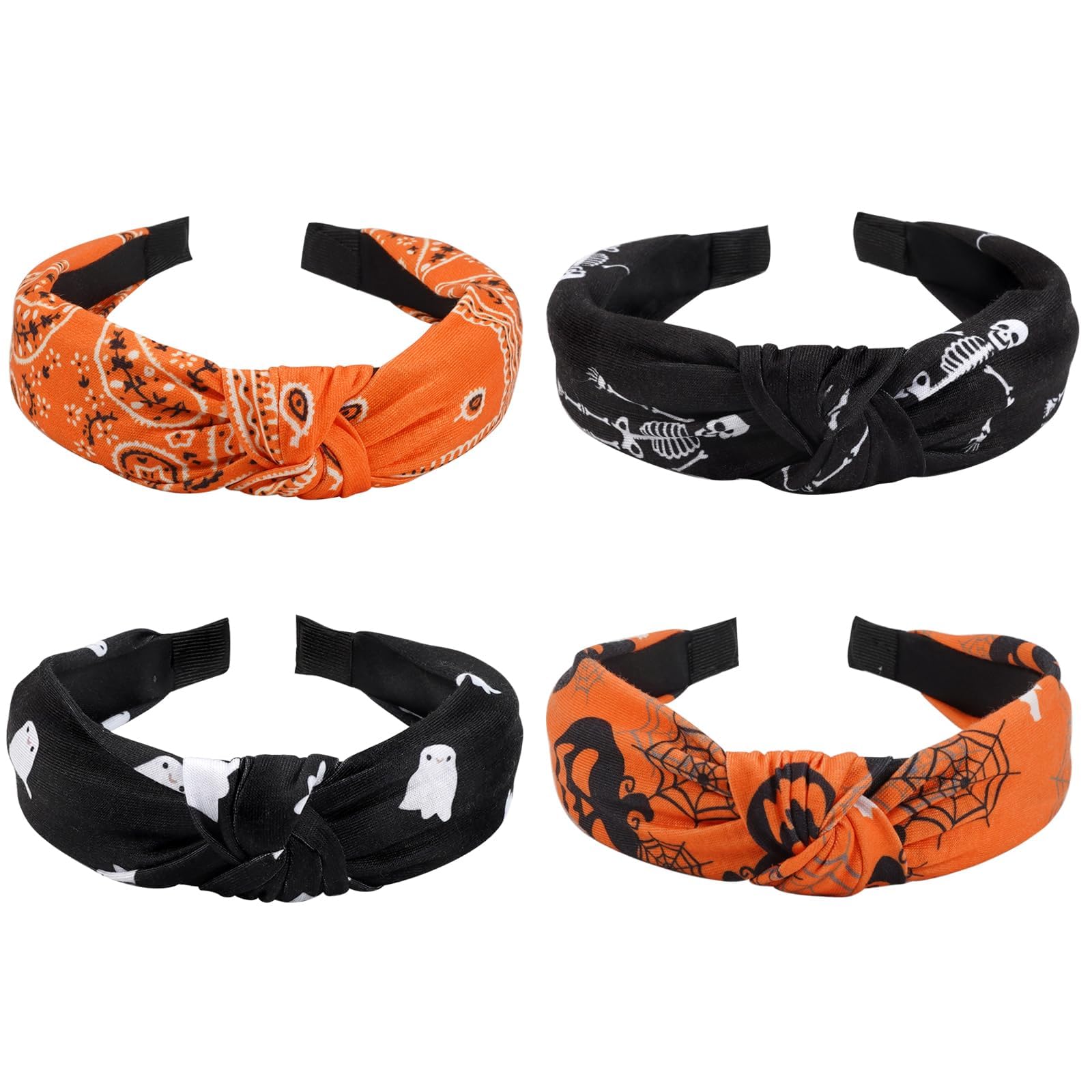Bookay 4pcs Halloween Headbands Skeleton Skull Ghost Pumpkin Wide Knot Heabdands for Women Girls Orange Bandana Hairbands Fall H