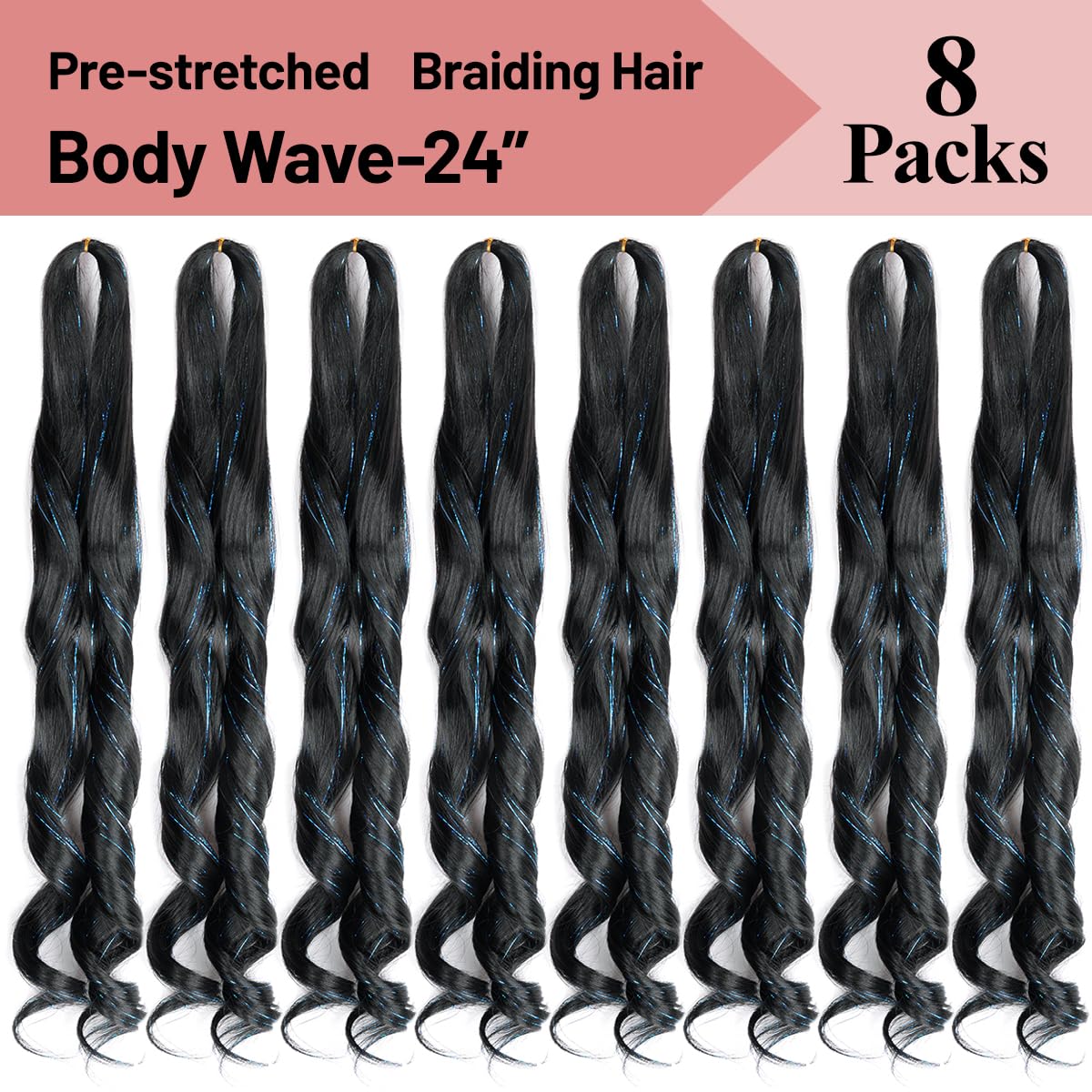 French Curly Braiding Hair 24 Inch Loose Wavy 8 Packs Bouncy Braiding Hair Extensions With 1B/Blue Hair Tinsel 75G/Pack Syntheti