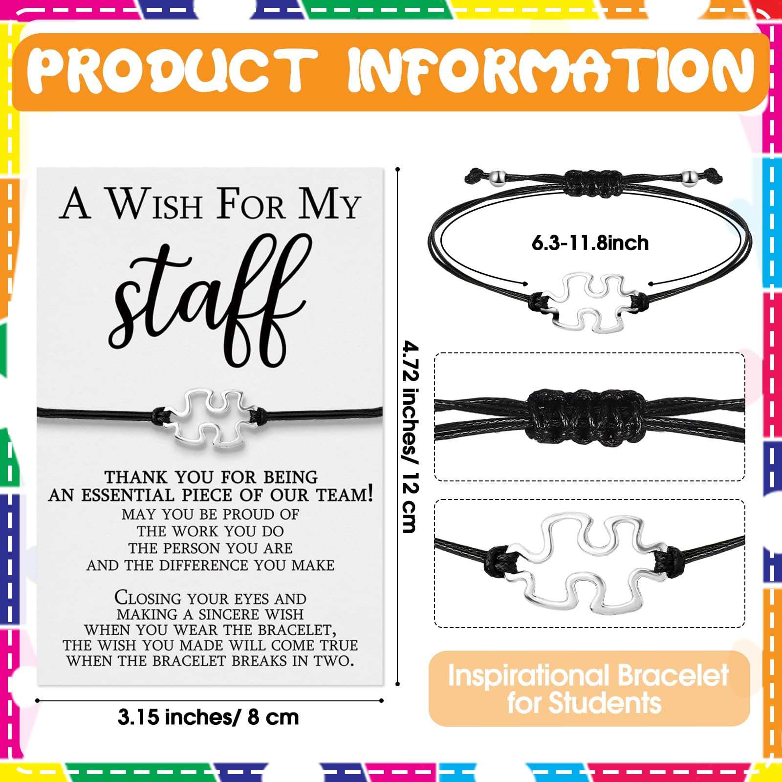 Huquary 72 Sets Staff Appreciation Gifts Bulk Team Puzzle Piece Bracelet Bulk with Employee Thank You Postcard a Wish for My Sta