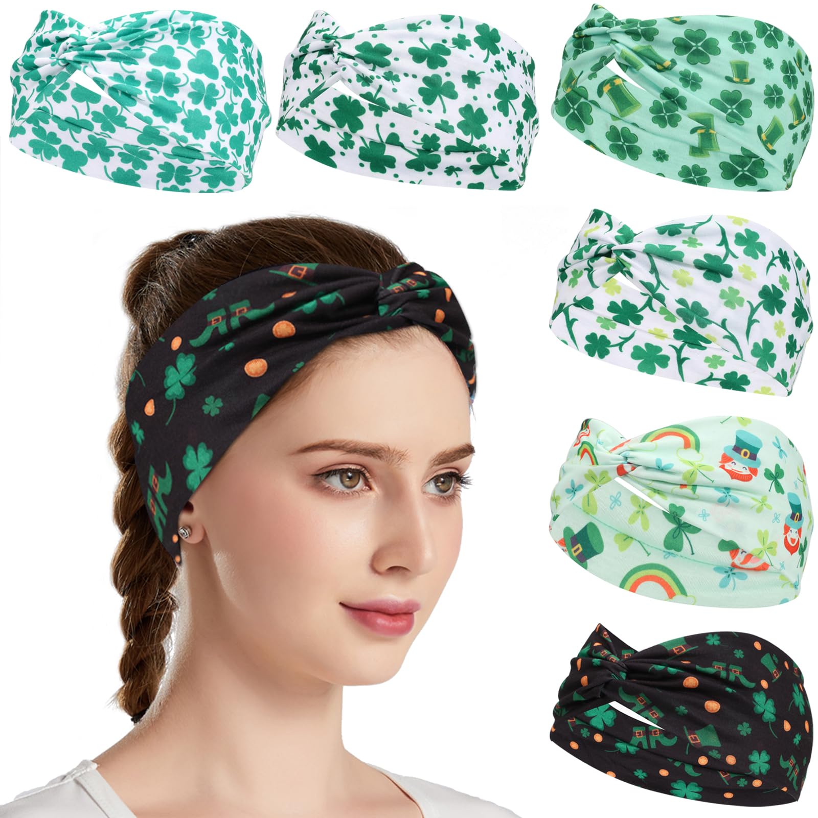 Ardorchid 6 Pack St.Patrick's Day Headbands Irish Green Shamrock Hair Accessories for Women Girls Gifts Twist Knot Turban Celebr