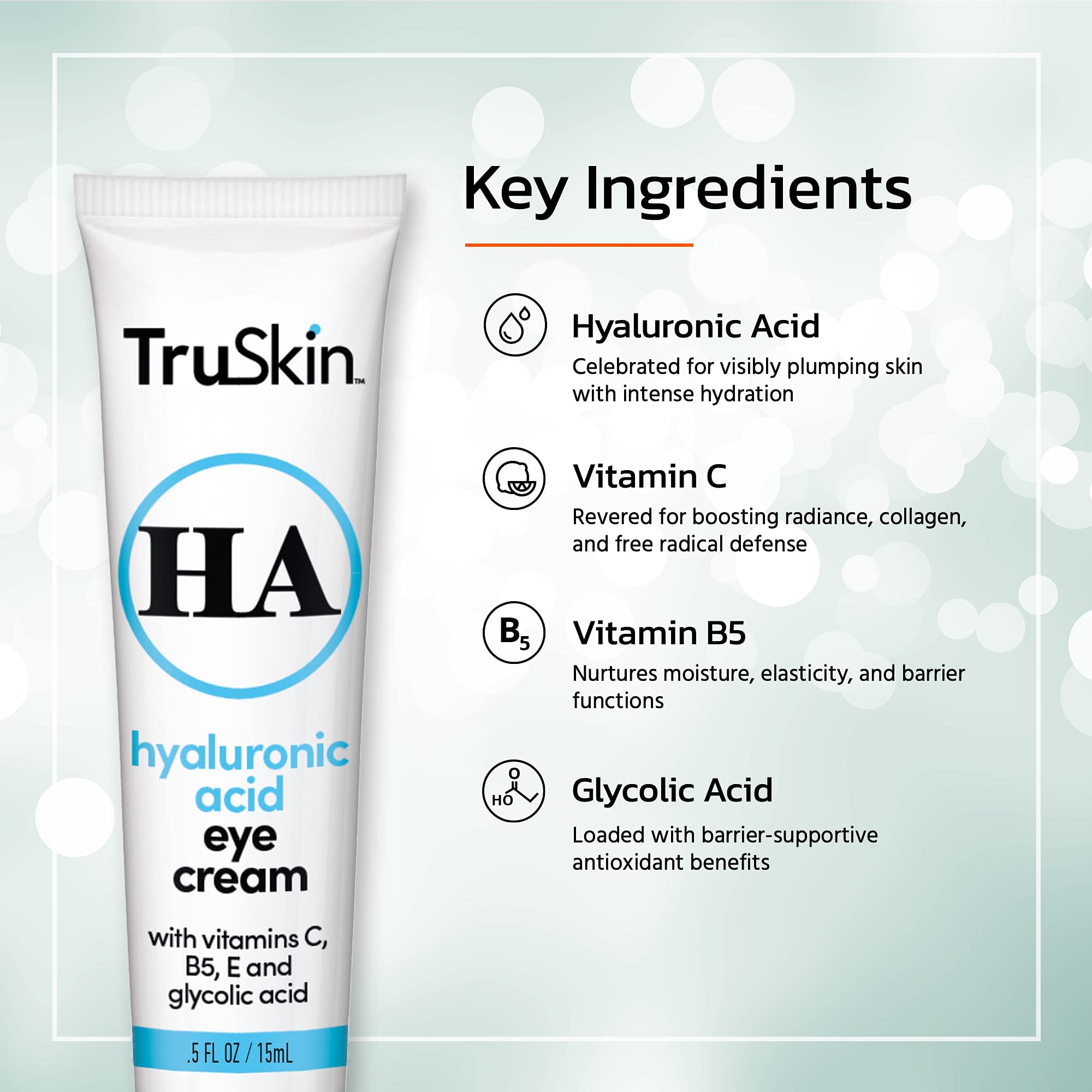 TruSkin Eye Cream for Dark Circles and Puffiness - With Hyaluronic Acid, Glycolic Acid, Vitamins C, B5 & E to Hydrate Delicate U