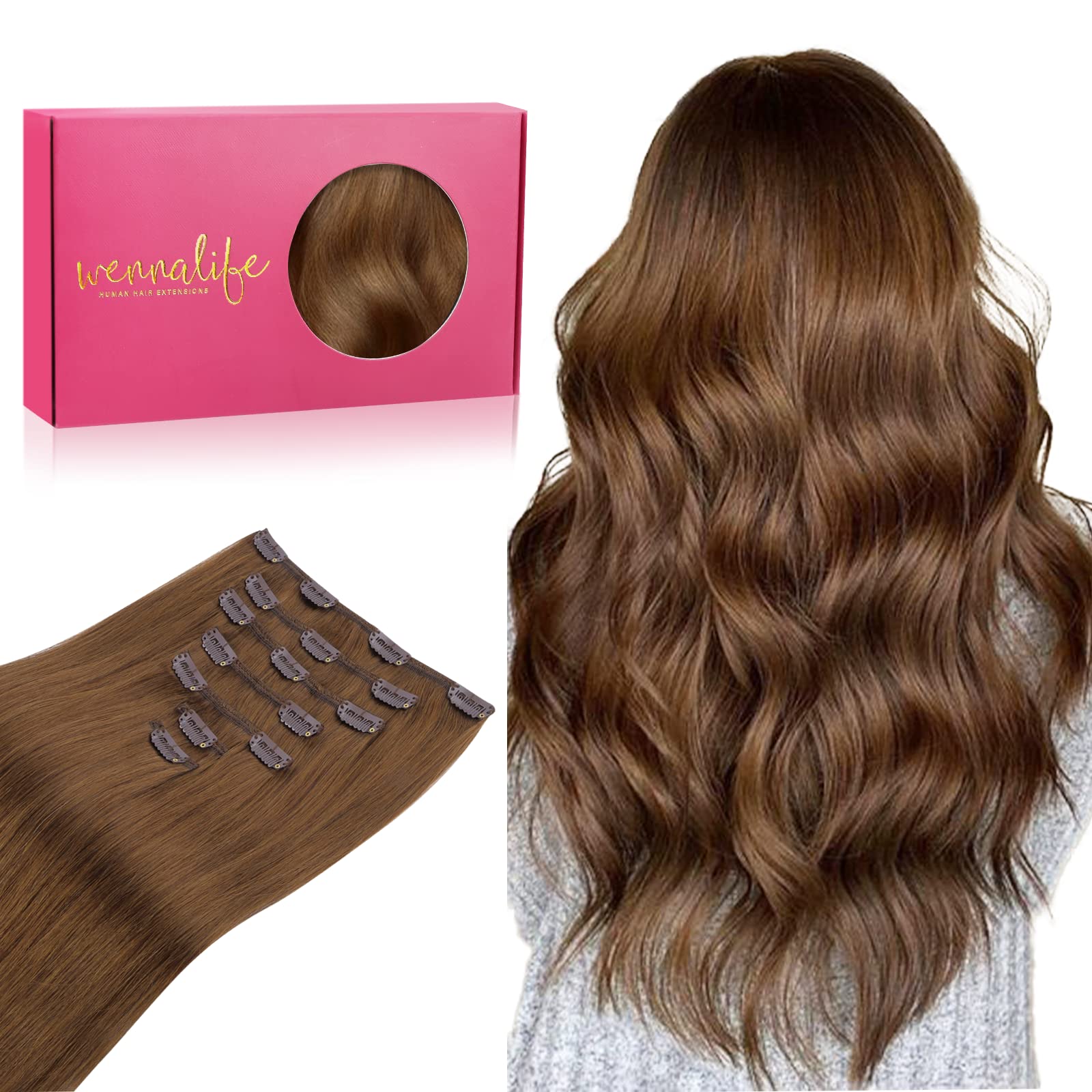 Wennalife Clip In Hair Extensions Real Human Hair, 20 Inch 120G 7Pcs Human Hair Extensions Clip In Human Hair, Light Auburn Brow