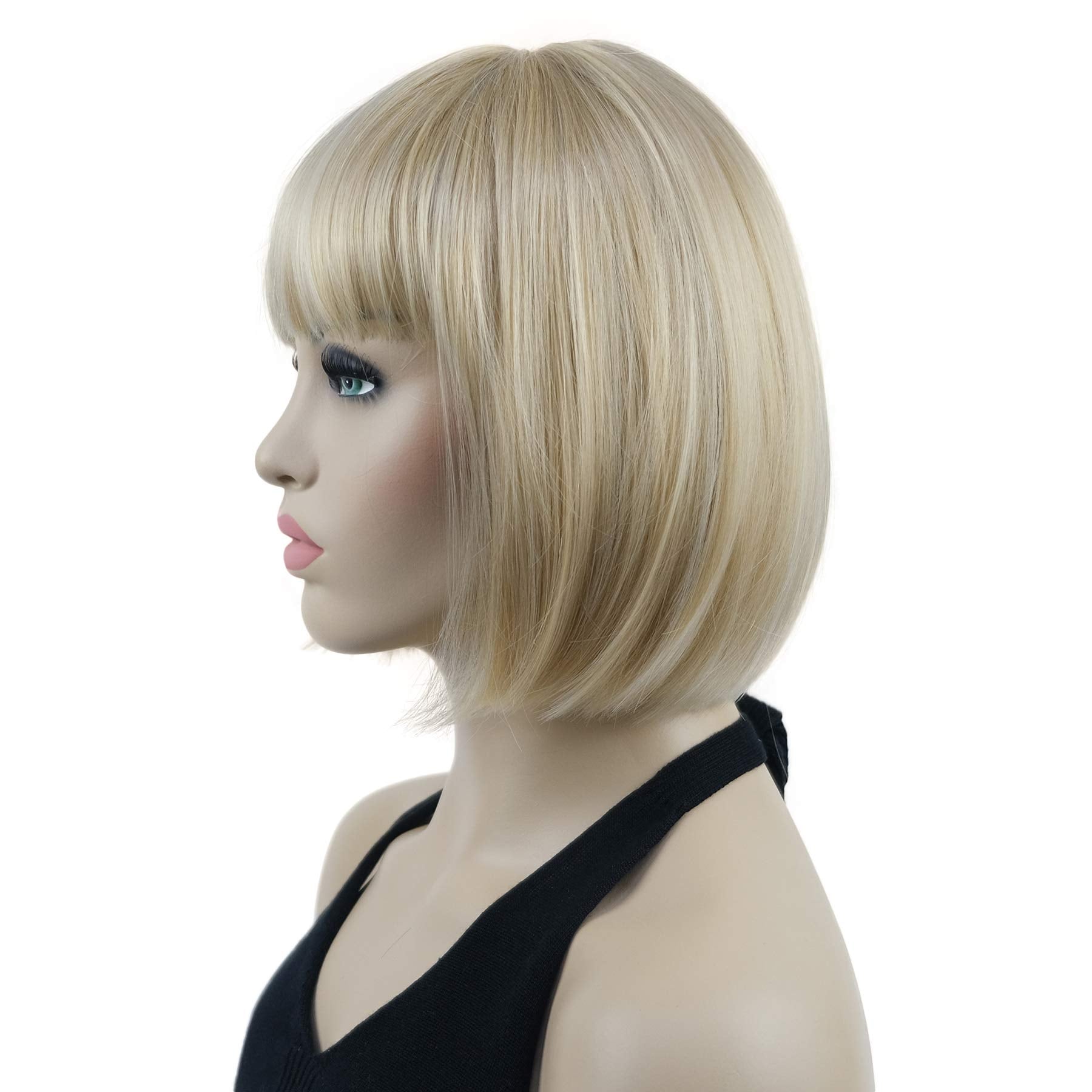 Lydell 8'' Straight Short Bob Hair Flat Bangs Cute Central Dot Skin Top Heat Resistant Synthetic Wigs (24Bt613 Blonde Mix)