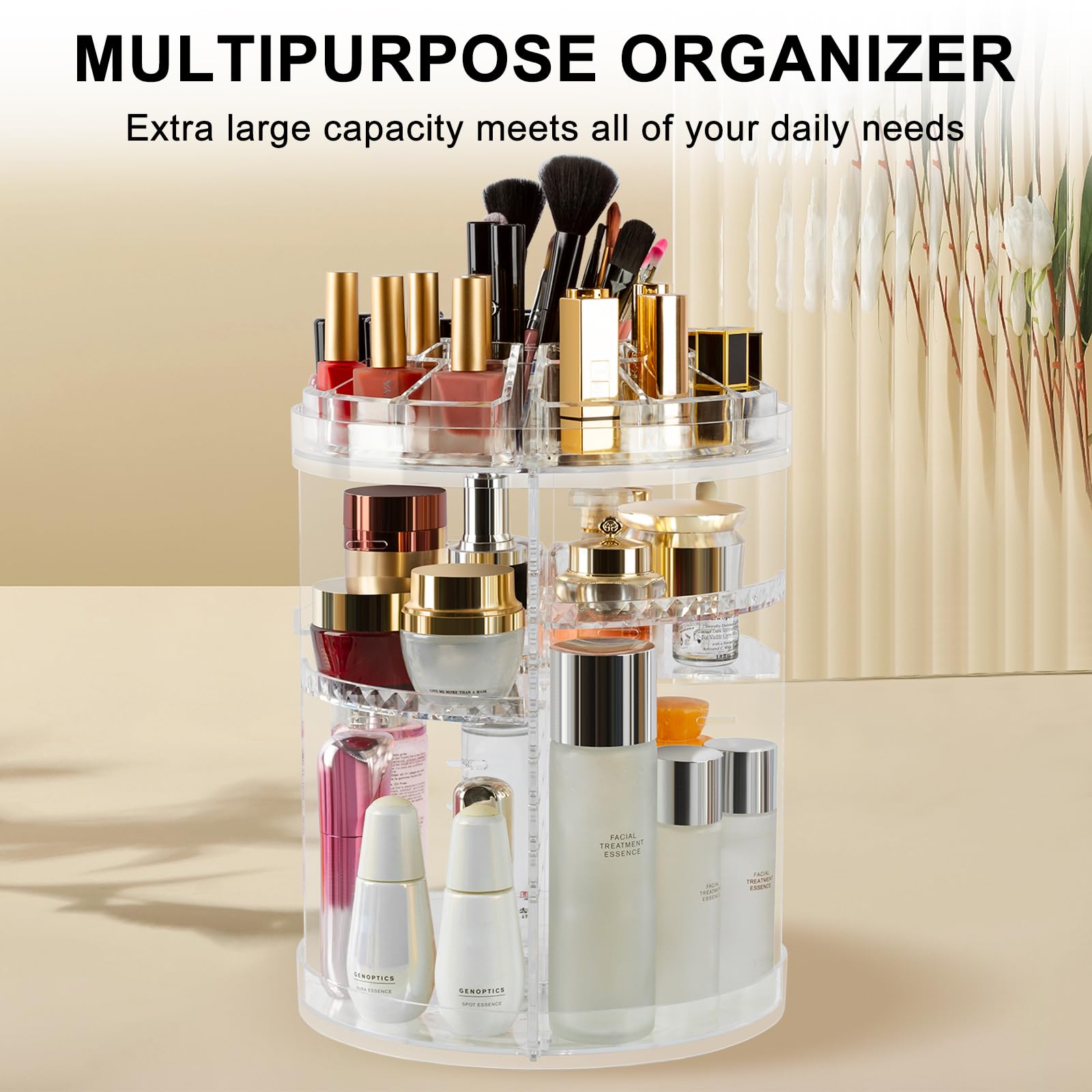 AMEITECH Makeup Organizer, 360 Degree Rotating Adjustable Cosmetic Storage Display Case with 8 Layers Large Capacity, Fits cosme