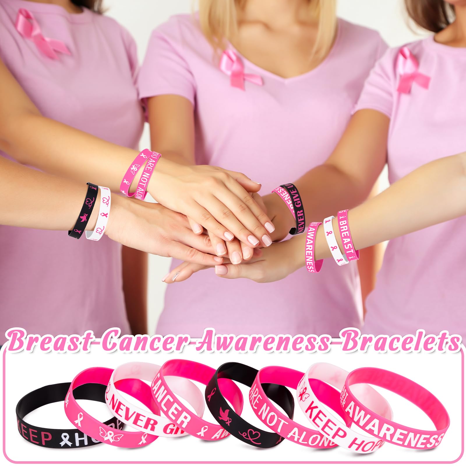 Moon Boat 144PCS Breast Cancer Awareness Bracelets Bulk - Pink Ribbons Hope Faith Strength Courage Stretch Wristbands for Women