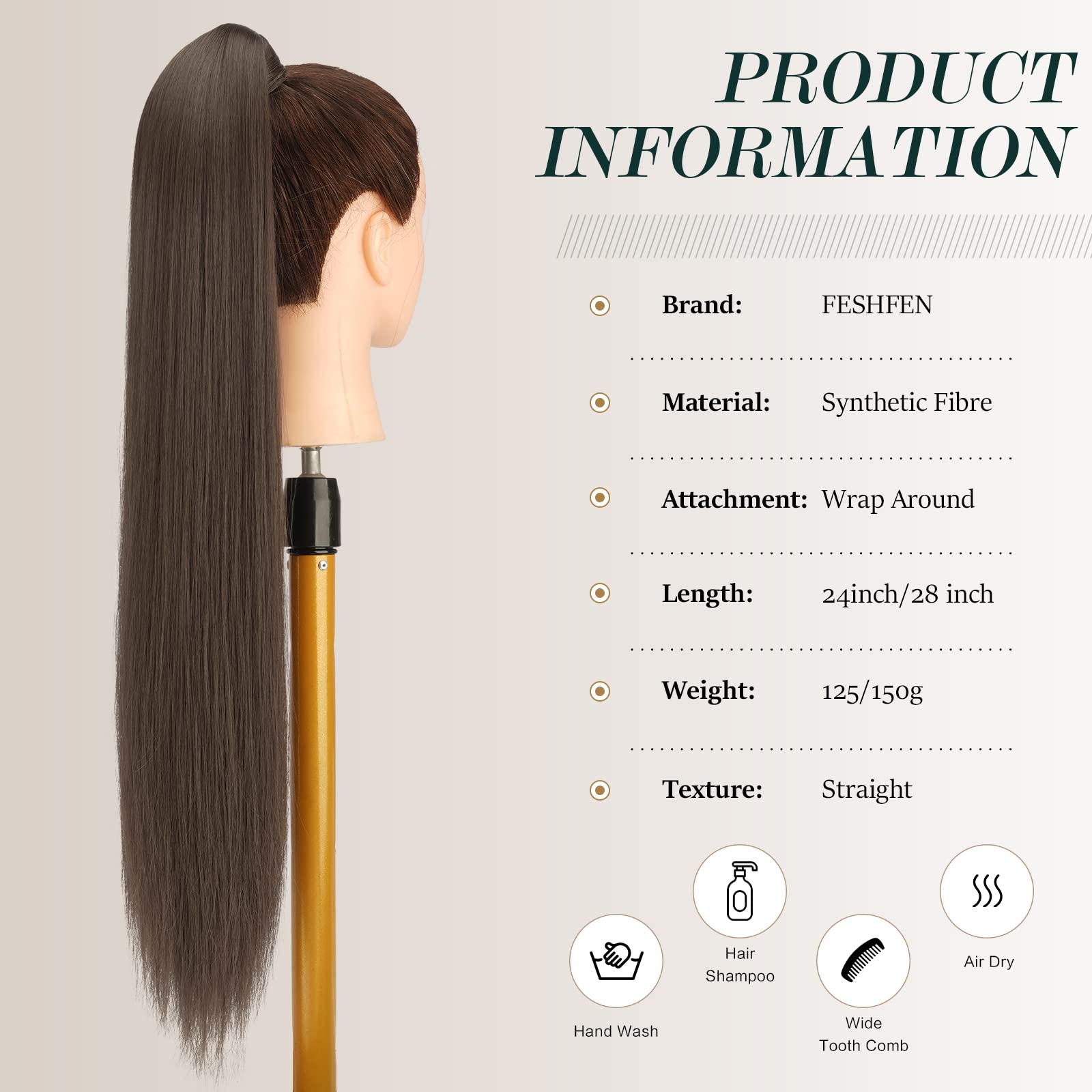 Feshfen Straight Long Ponytail Extensions 28 Inch Wrap Around Synthetic Chestnut Brown Ponytails Hair Piece Pony Tail Hair Exten