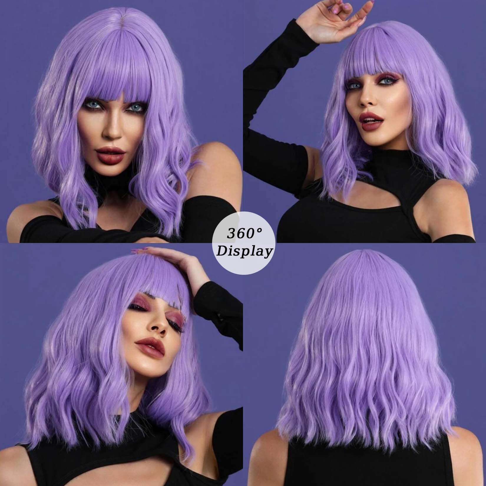 Andromeda Purple Wig With Bangs Soft Short Bob Wavy Wigs For Women Synthetic Shoulder Length Women'S Curly Wigs For Halloween Co