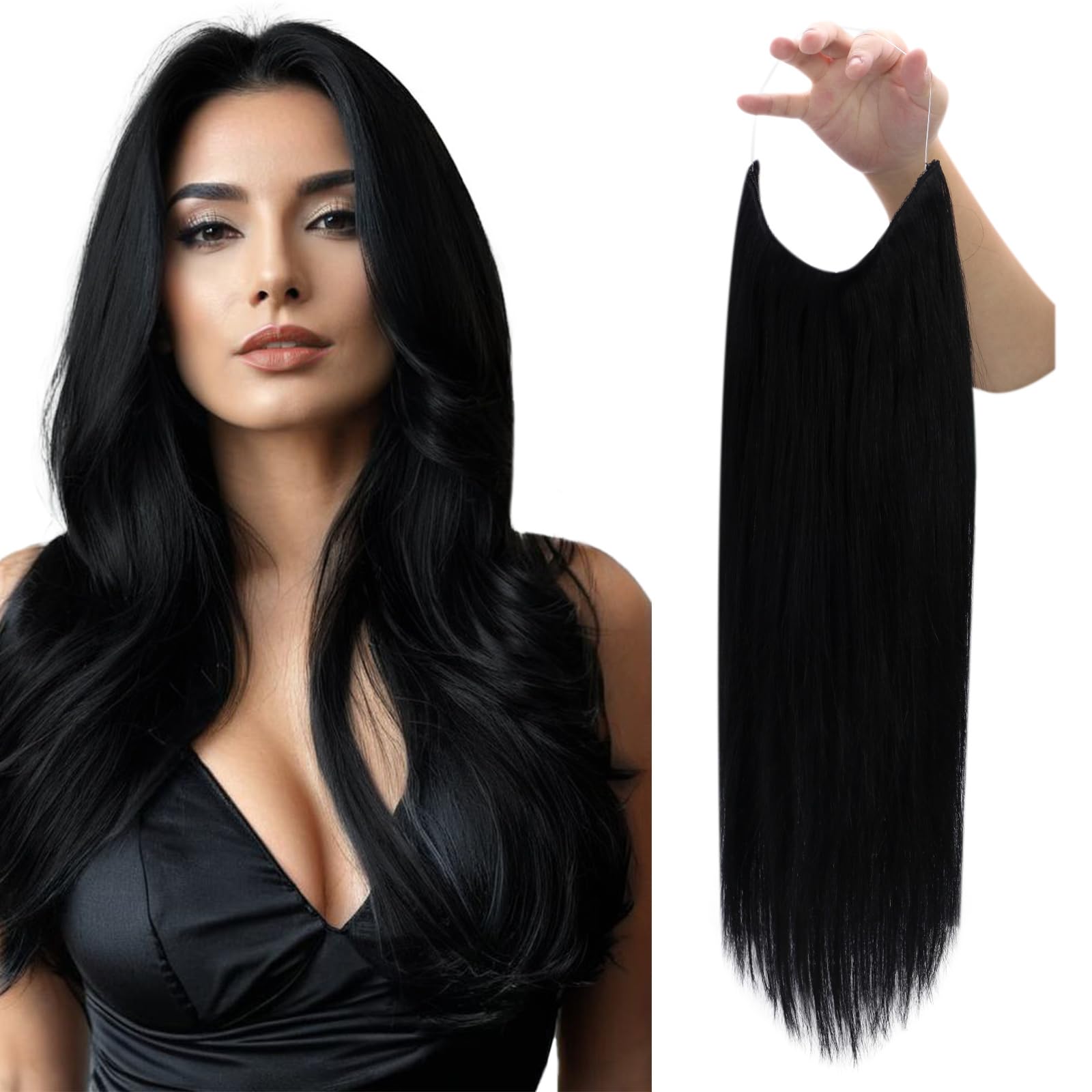 Fshine Black Hair Extensions Wire Human Hair 14 Inch Remy Hair Extensions With Fish Line 70 Grams Straight Invisible Human Hair 