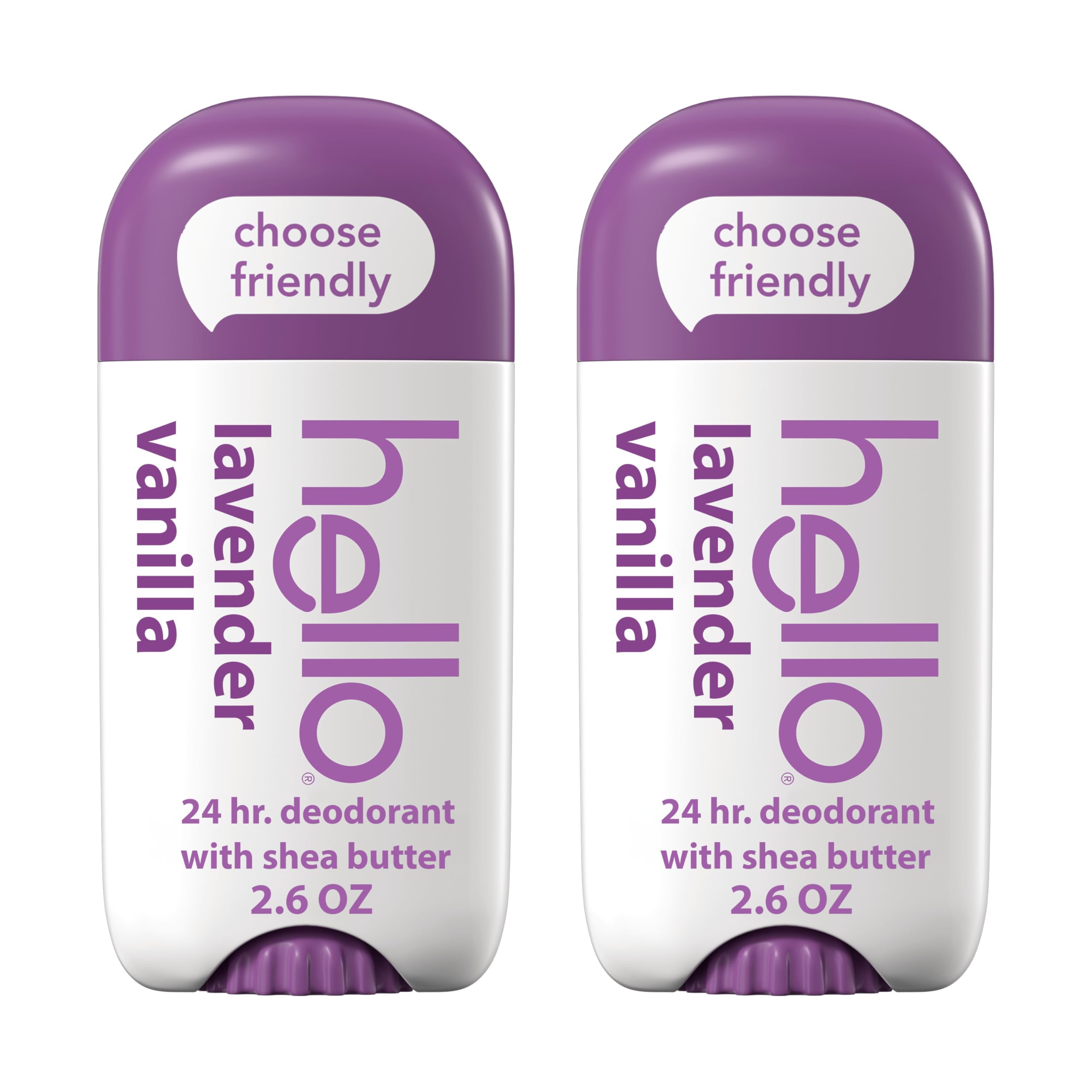 hello Lavender Vanilla Aluminum Free Deodorant with Shea Butter for Women + Men, Baking Soda Free, 24 Hour Odor Protection, 2.6
