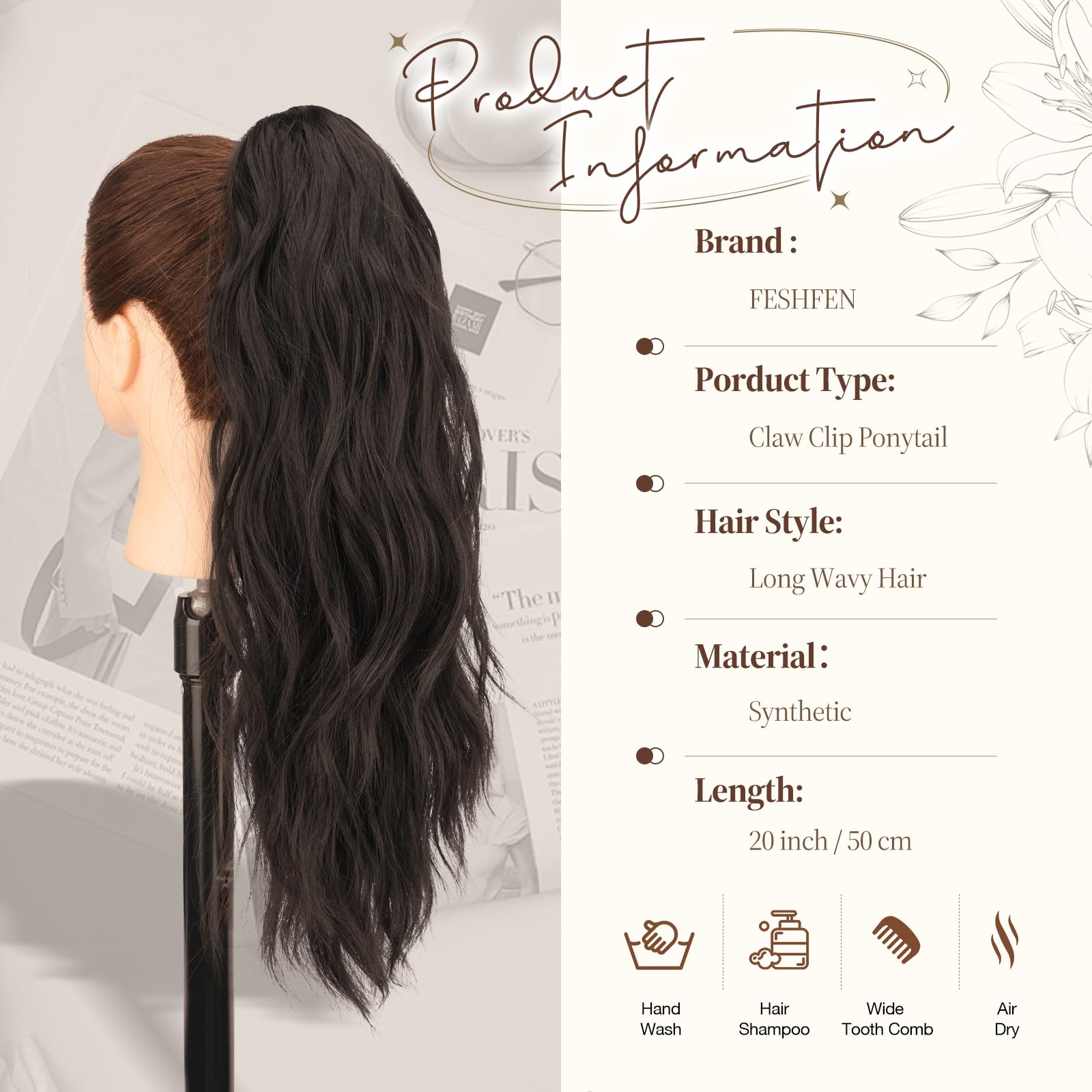 Feshfen Ponytail Extensions, Long Claw Clip In Ponytail Hairpiece Synthetic Pony Tails Hair Piece Natural Wavy Hairpieces For Wo