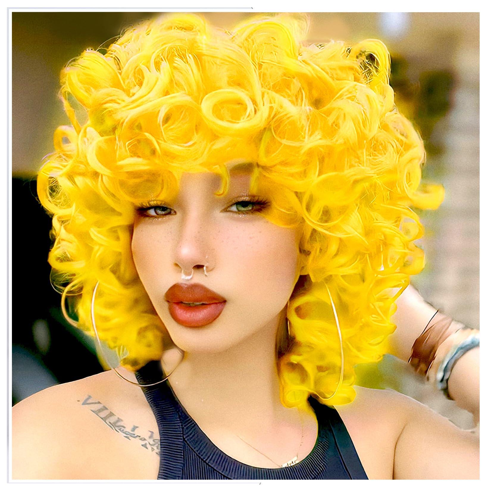 Kavsni Golden Yellow Curly Wig for Black Women Full and Soft for Chica cosplay Patti Mayo Halloween costume Excellent Wig for Pe