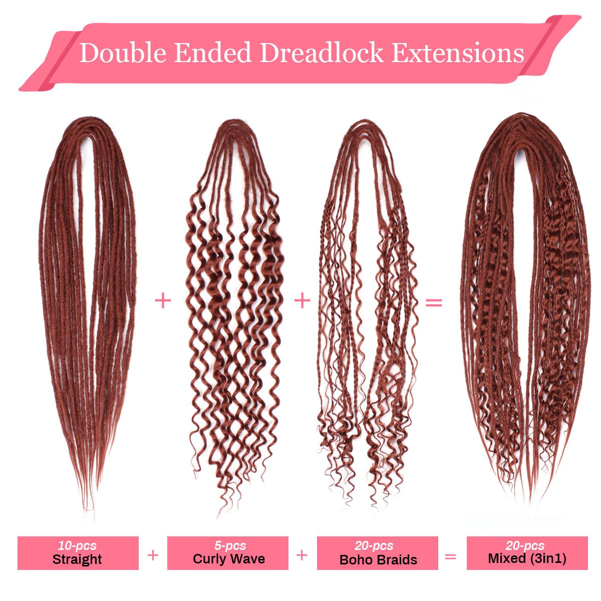 Kraler 24 Inch Mixed De Dreadlock Extensions Sets, 3 In 1 20 Strands Synthetic Double Ended Dreads Extensions, Copper Red Hippie