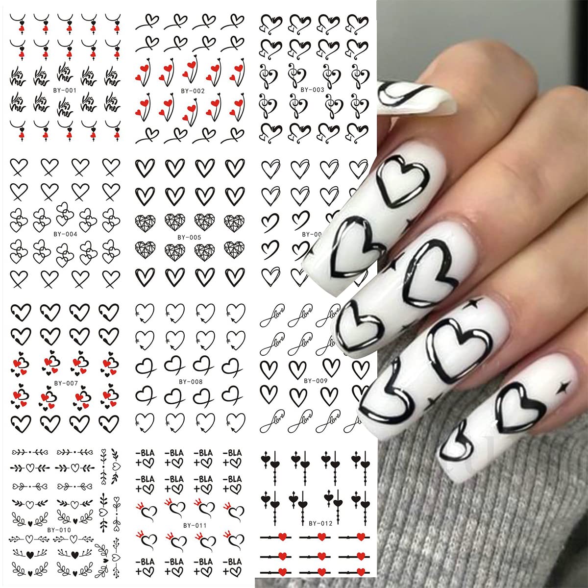 12Pcs Valentine'S Day Nail Water Transfer Stickers Black Heart Flower Nail Stickers Water Decals Valentine Nail Art Decorations