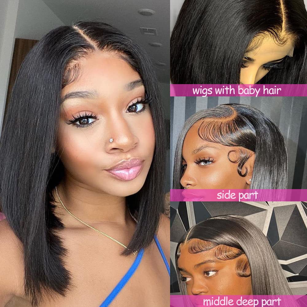 Karlami Bob Hair Wig Human Hair Straight 13X6 Hd Lace Frontal Wigs Pre Plucked 150% Density With Baby Hair Natural Black Side Pa